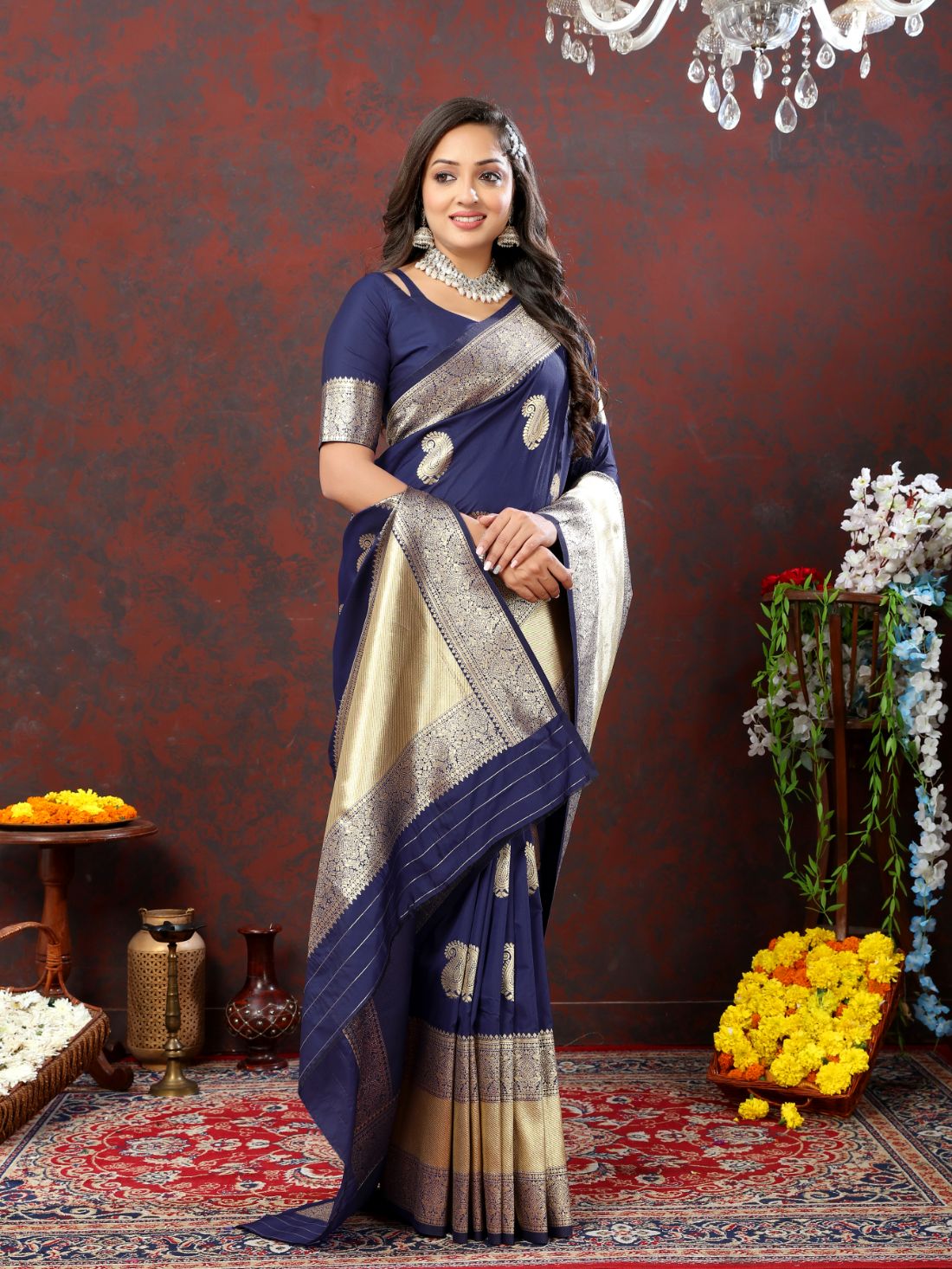 Nevy Blue Color Exclusive Soft Silk Zari Woven Work With Rich Pallu and Contrast Border With Tessels Women's Saree with Unstiched Blouse Pieces.