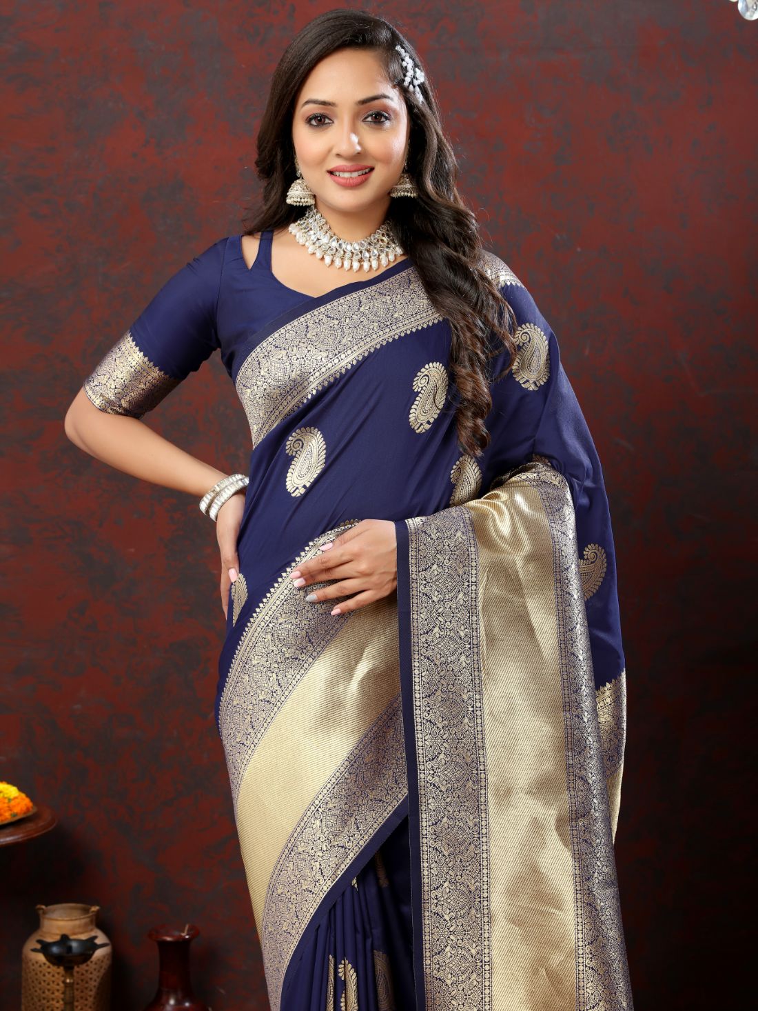 Nevy Blue Color Exclusive Soft Silk Zari Woven Work With Rich Pallu and Contrast Border With Tessels Women's Saree with Unstiched Blouse Pieces.