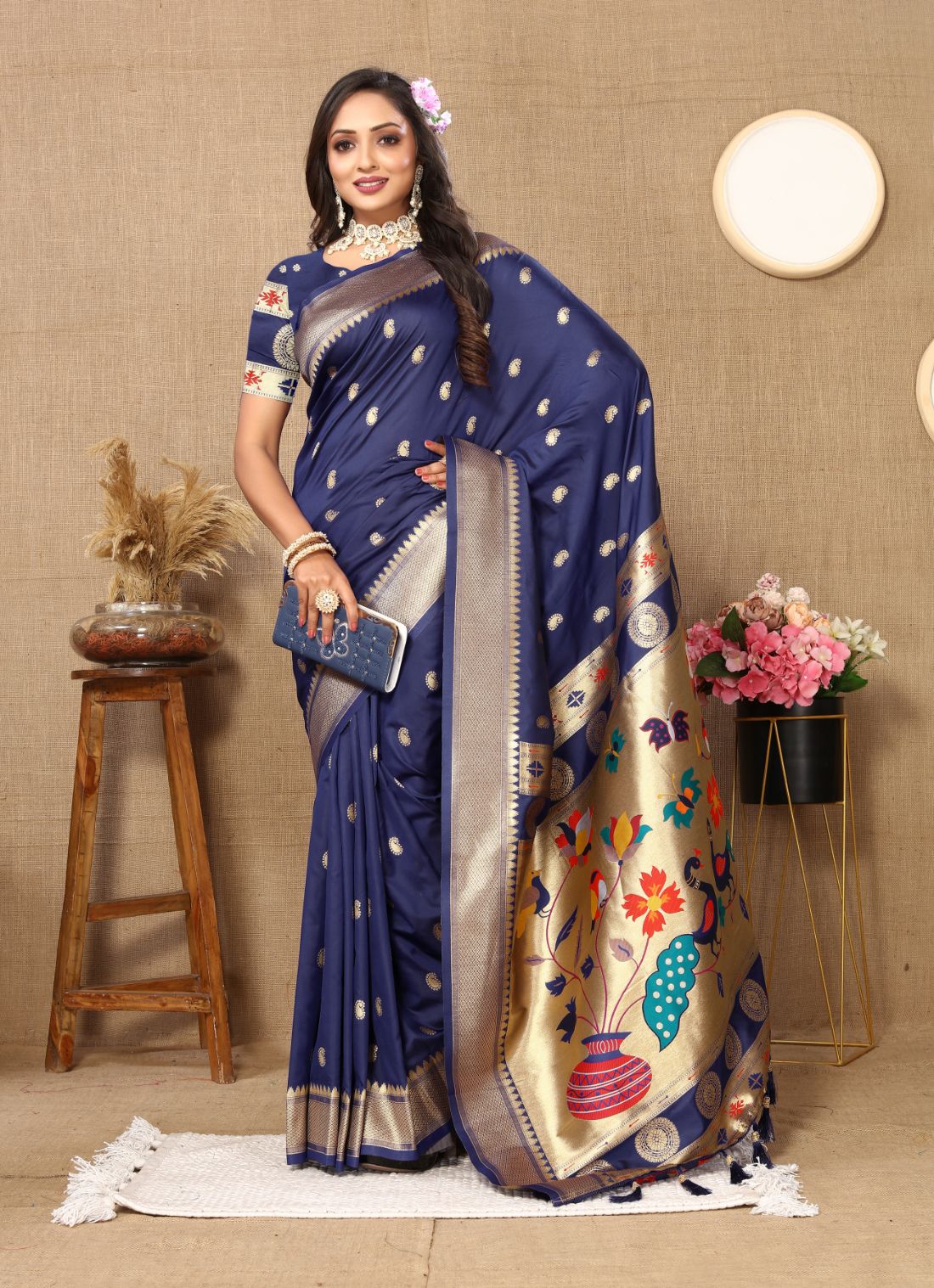 Nevy Blue Color Zari Woven Soft Paithani Silk Sarees With Rich Weaving Pallu with tassels.