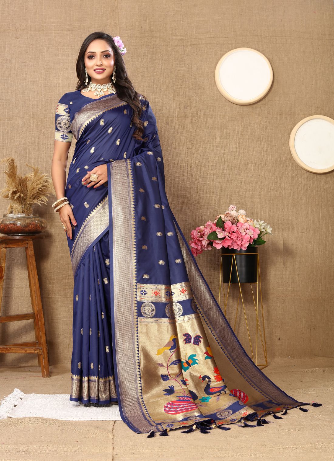 Nevy Blue Color Zari Woven Soft Paithani Silk Sarees With Rich Weaving Pallu with tassels.