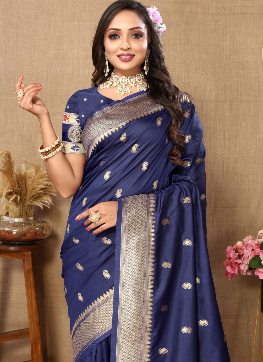 Nevy Blue Color Zari Woven Soft Paithani Silk Sarees With Rich Weaving Pallu with tassels.