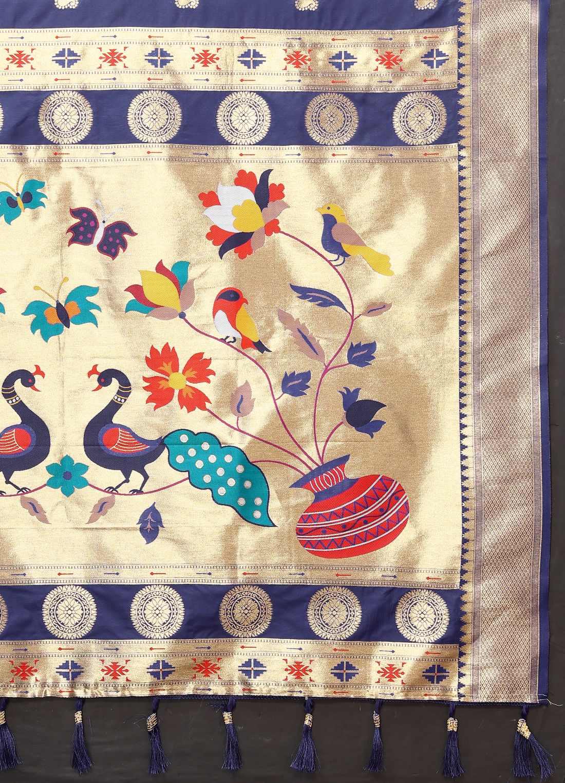 Nevy Blue Color Zari Woven Soft Paithani Silk Sarees With Rich Weaving Pallu with tassels.