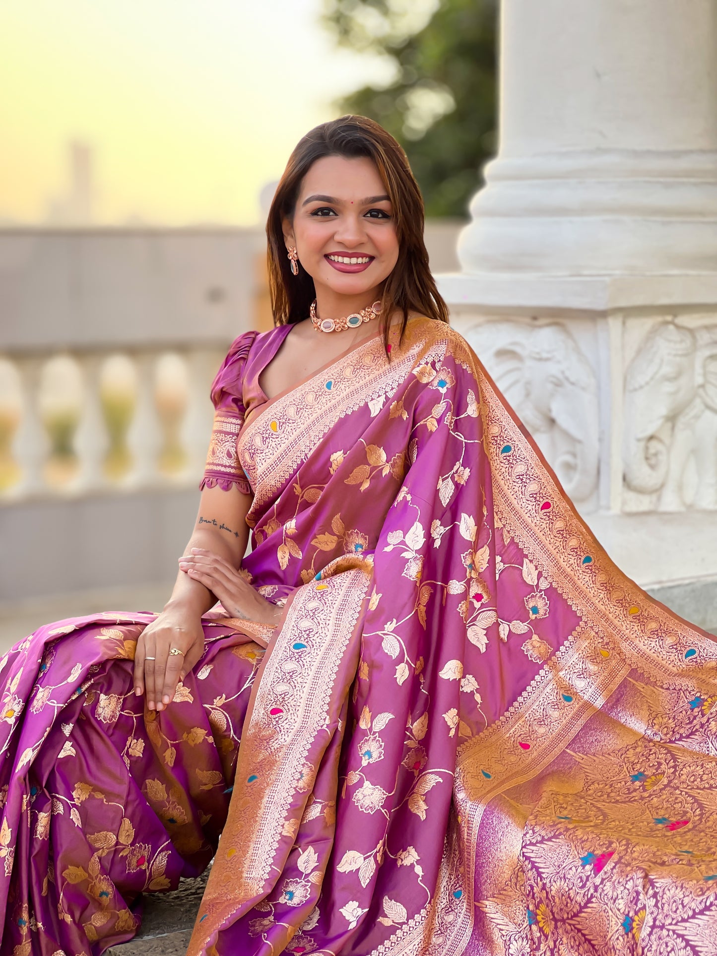 Beautiful Nude-Coloured And Gold-Toned Banarasi Saree