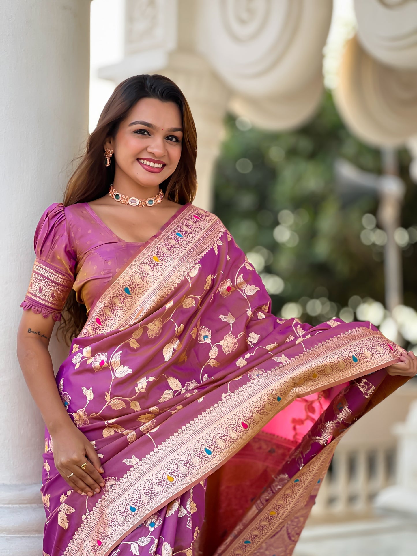 Beautiful Nude-Coloured And Gold-Toned Banarasi Saree