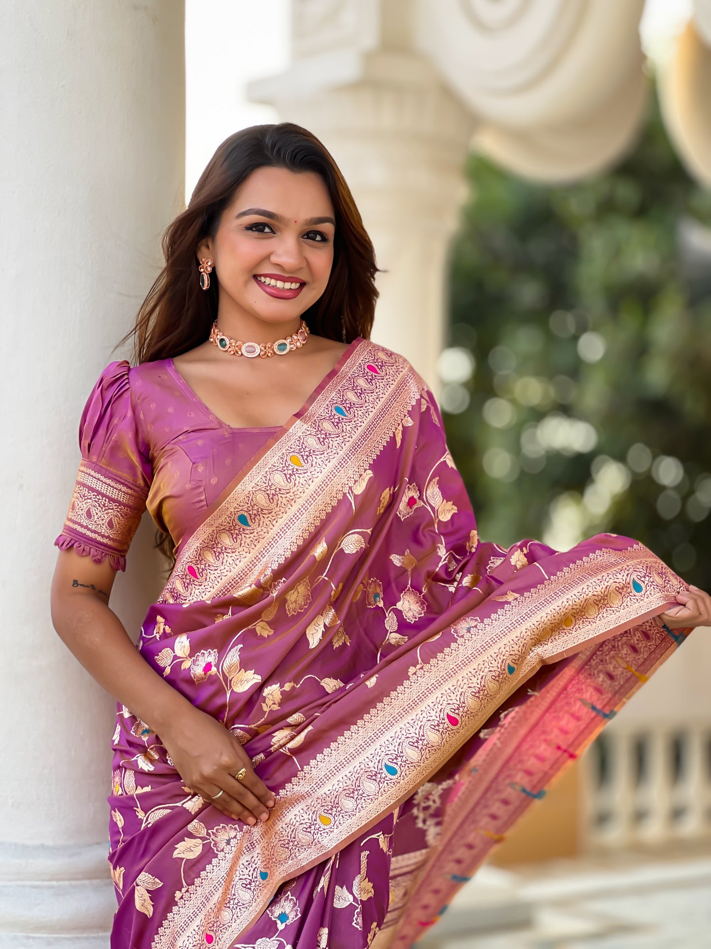 Beautiful Nude-Coloured And Gold-Toned Banarasi Saree