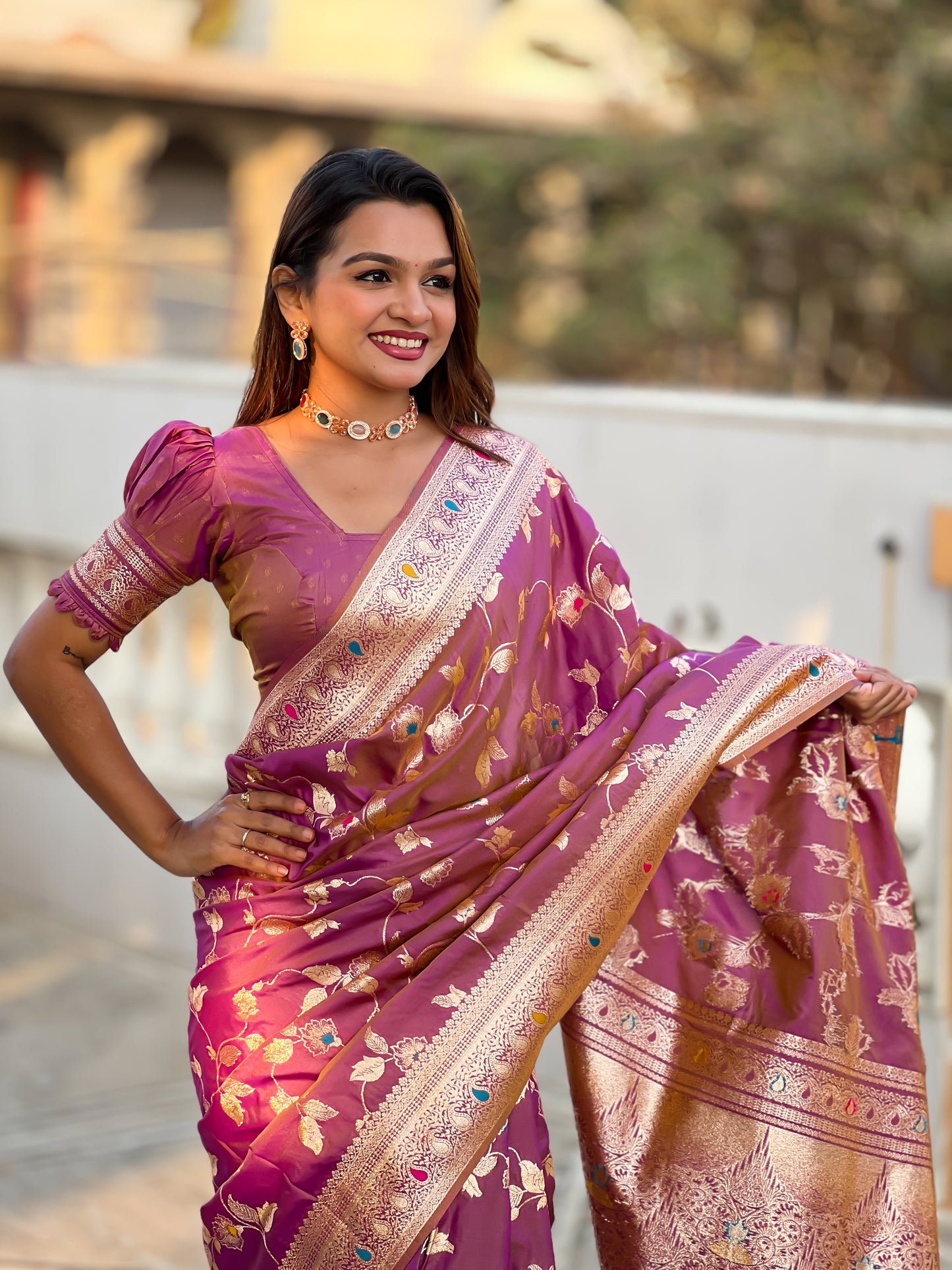 Beautiful Nude-Coloured And Gold-Toned Banarasi Saree