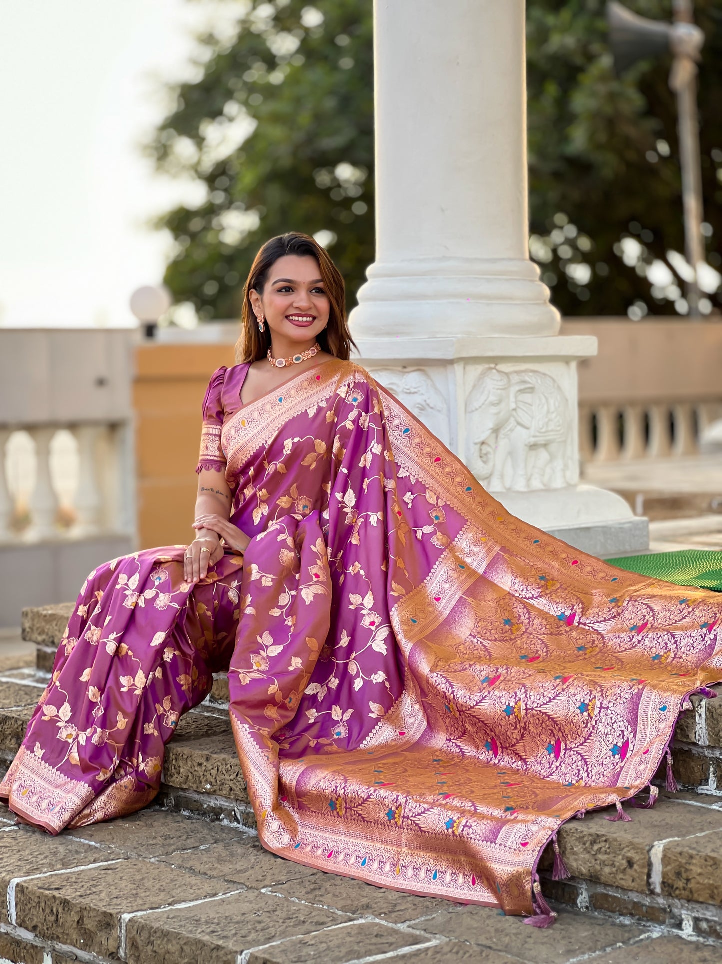 Beautiful Nude-Coloured And Gold-Toned Banarasi Saree