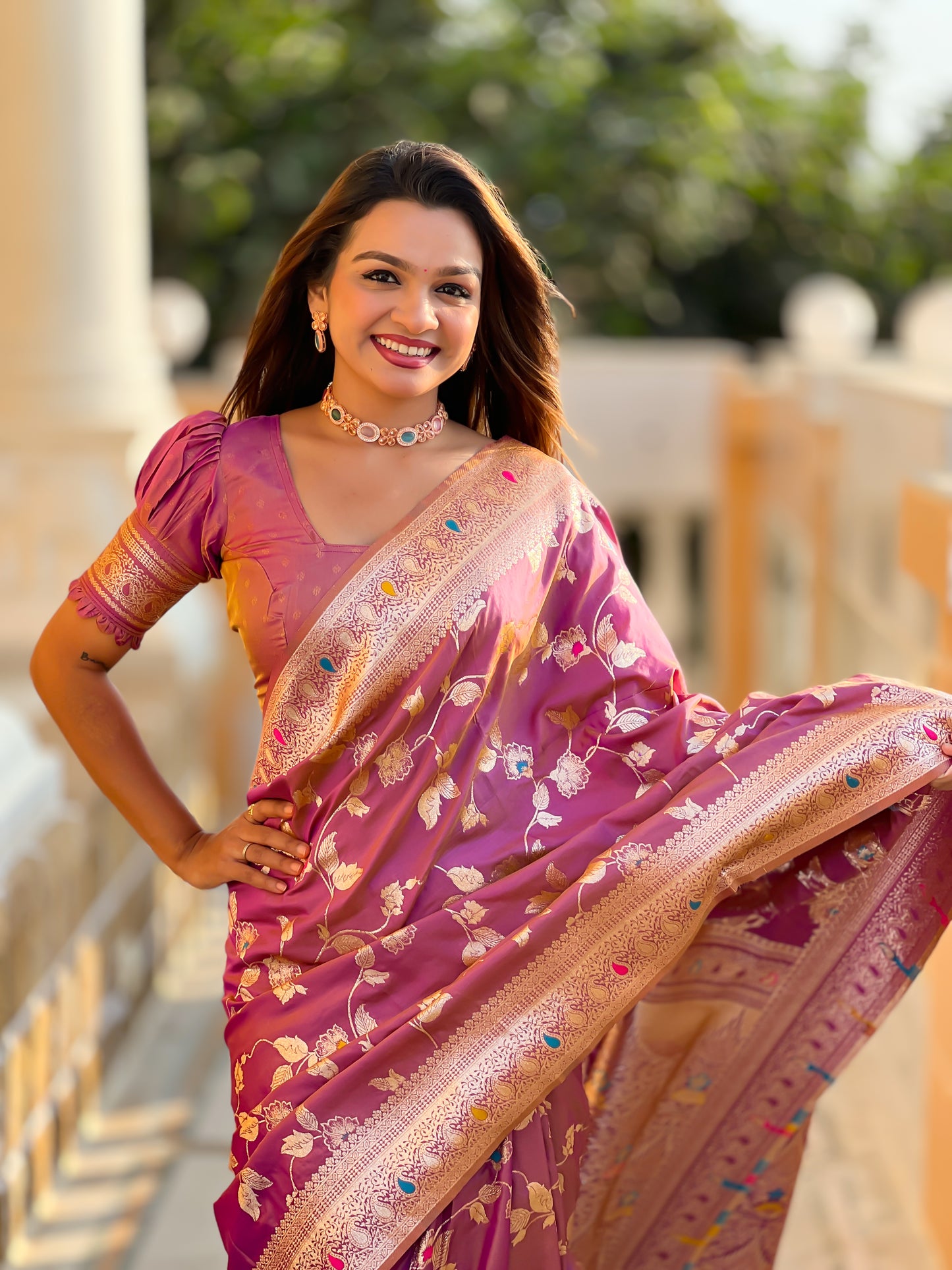 Beautiful Nude-Coloured And Gold-Toned Banarasi Saree