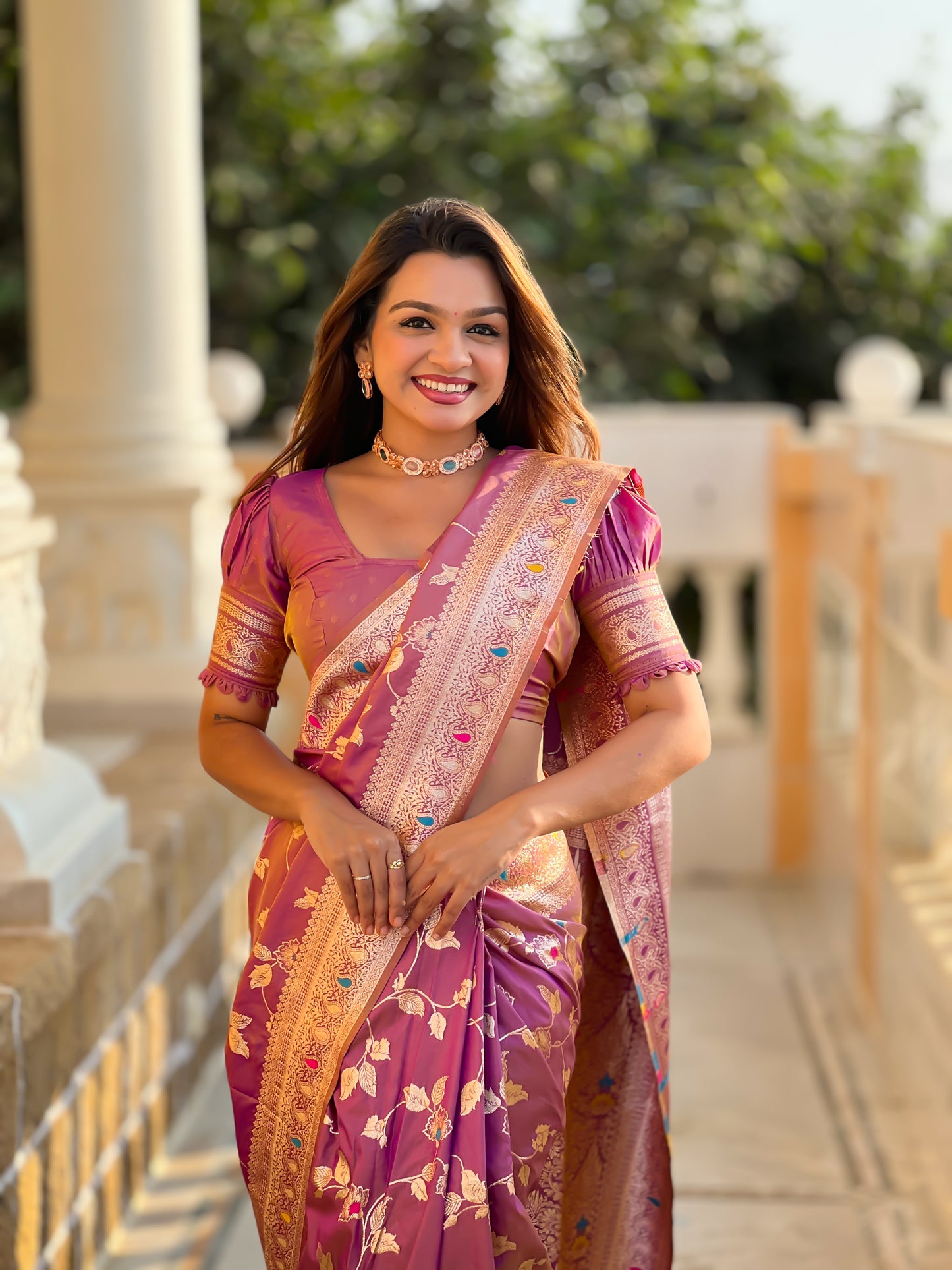Beautiful Nude-Coloured And Gold-Toned Banarasi Saree
