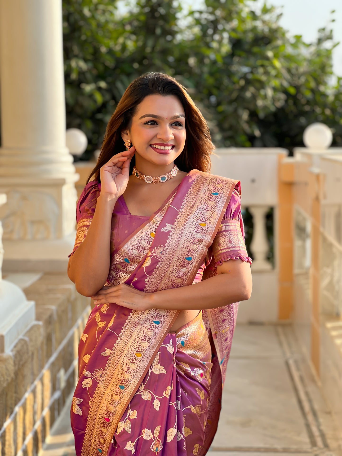 Beautiful Nude-Coloured And Gold-Toned Banarasi Saree