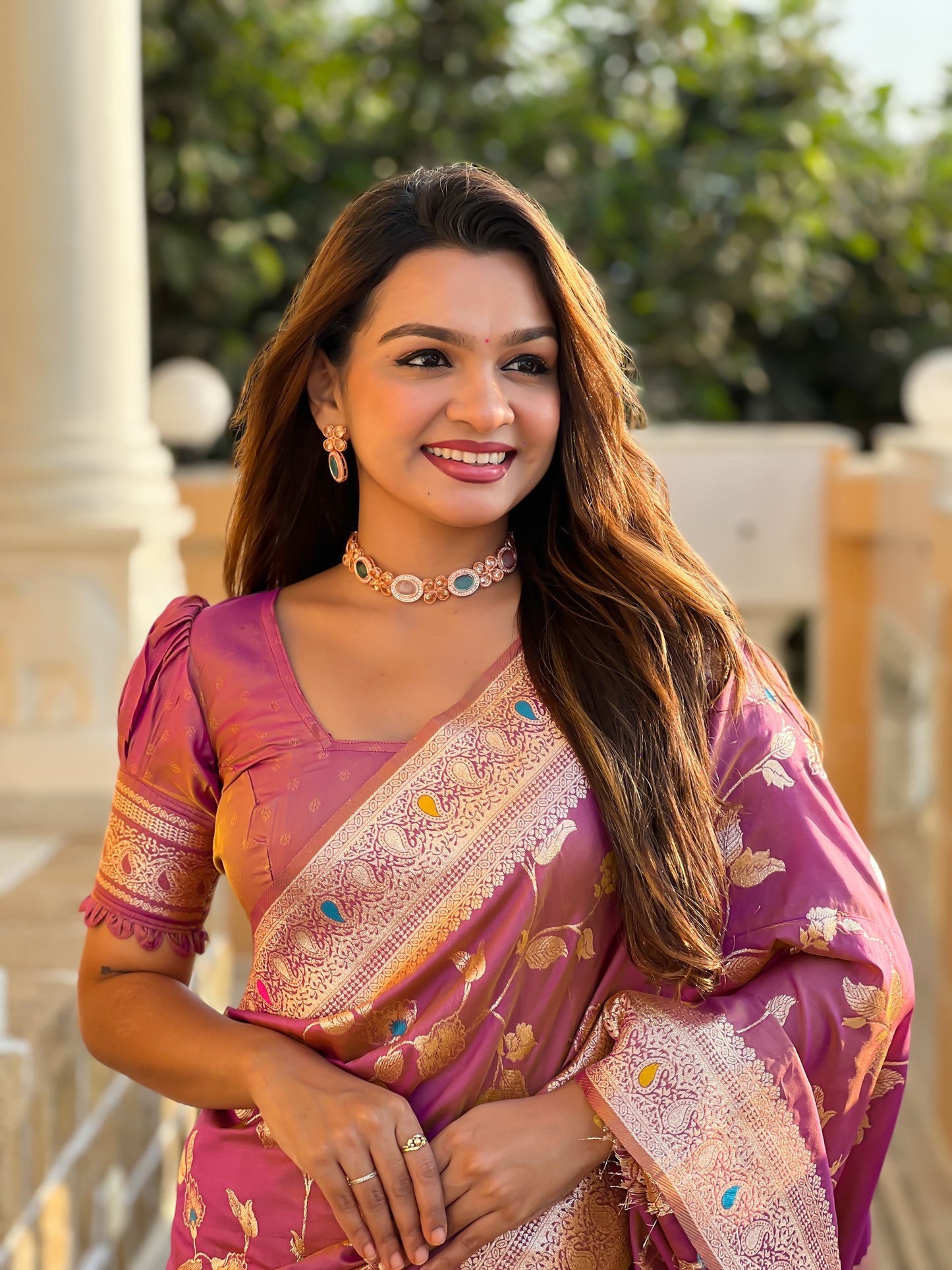 Beautiful Nude-Coloured And Gold-Toned Banarasi Saree