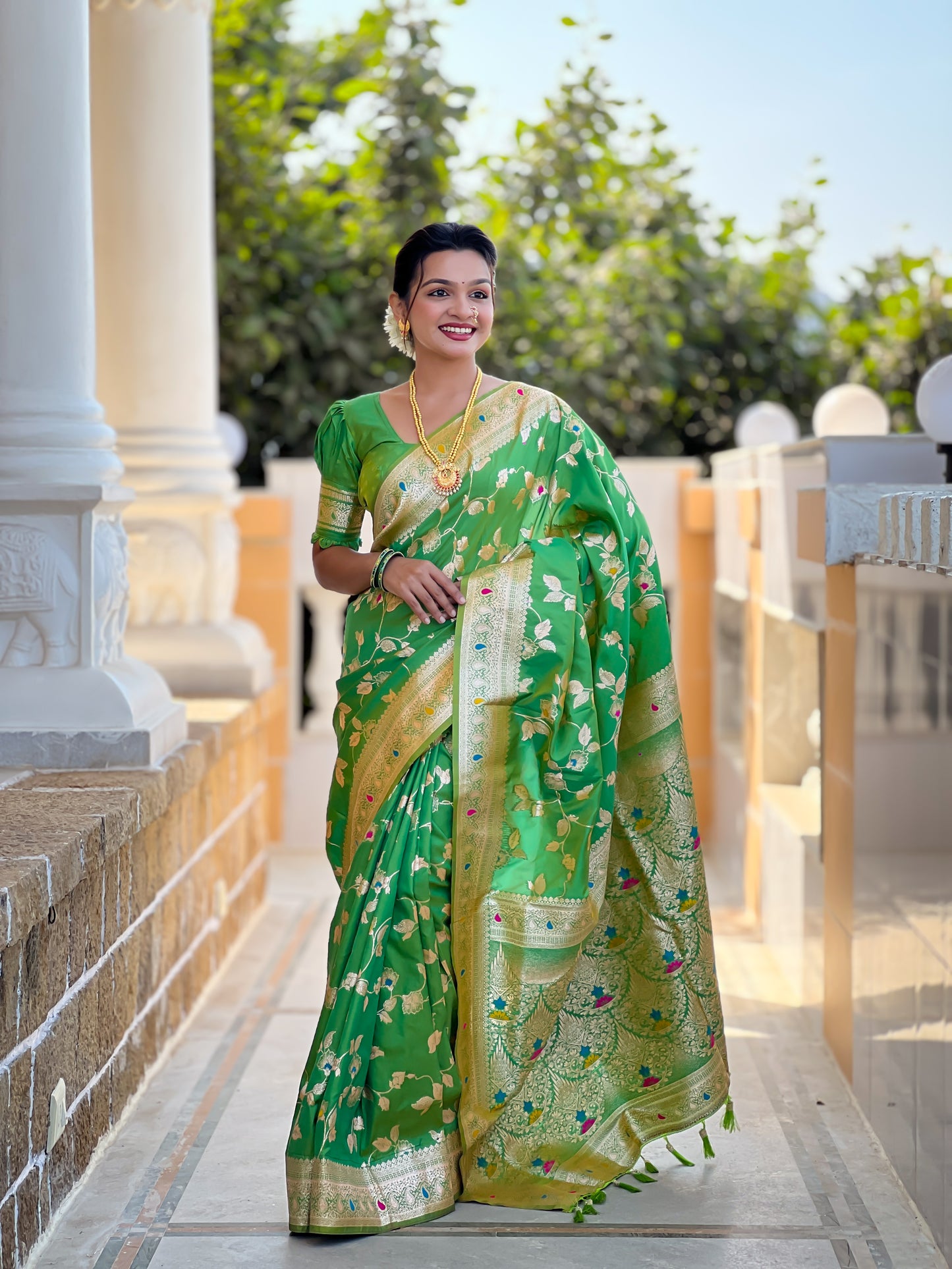 Soft And Silk Fit Parrot Green Color Banarasi Silk Saree With Blouse