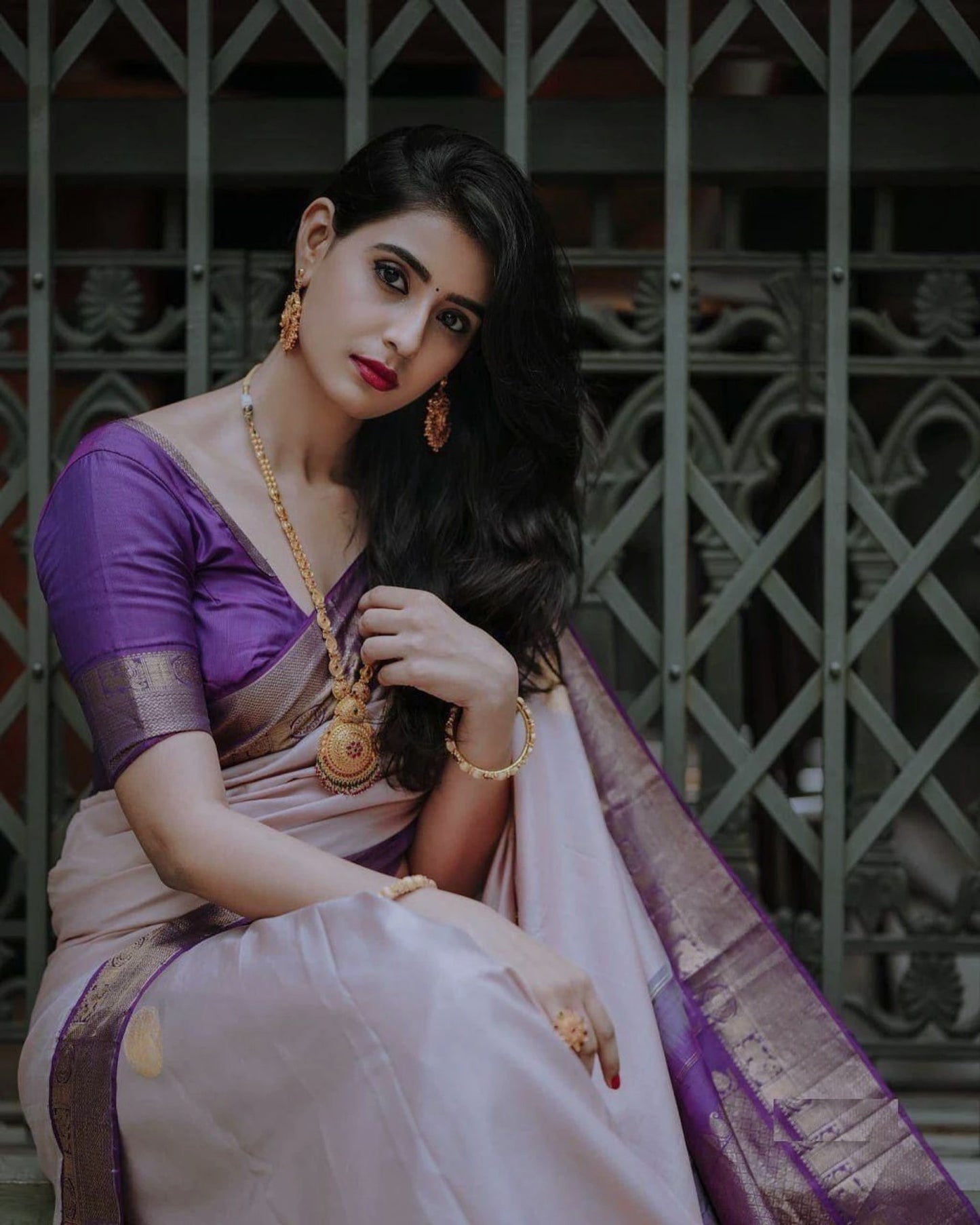 Elegant Off White & Purple Banarasi Silk Saree with Rich Zari Border and Contrast Blouse