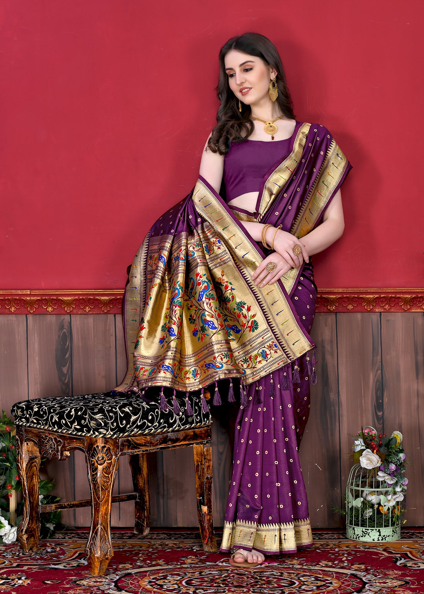 Soft Paithani Silk Saree with Gold Zari Weaving Motifs