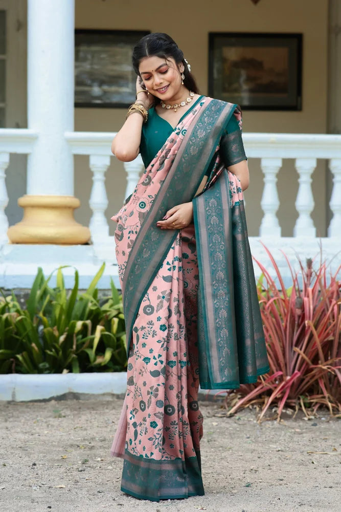 KeKoVi Olive Green Banarasi Silk Saree with Rich Zari Floral Weaving & Unstitched Blouse | Festive, Wedding & Party Wear