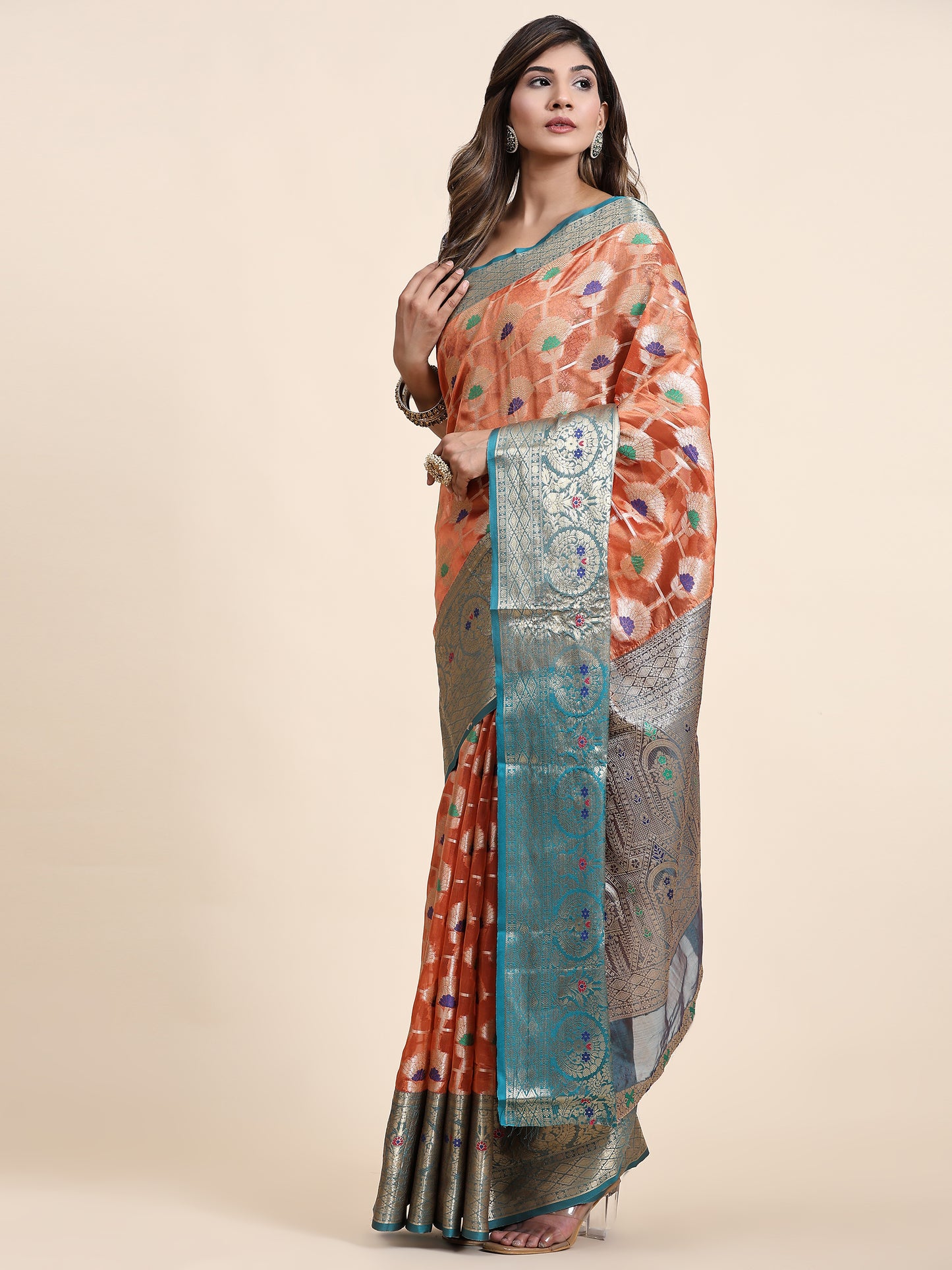Soft Organza Silk saree with Meenakari weawing design and Rich Zari weawing Pallu with zari weawing border