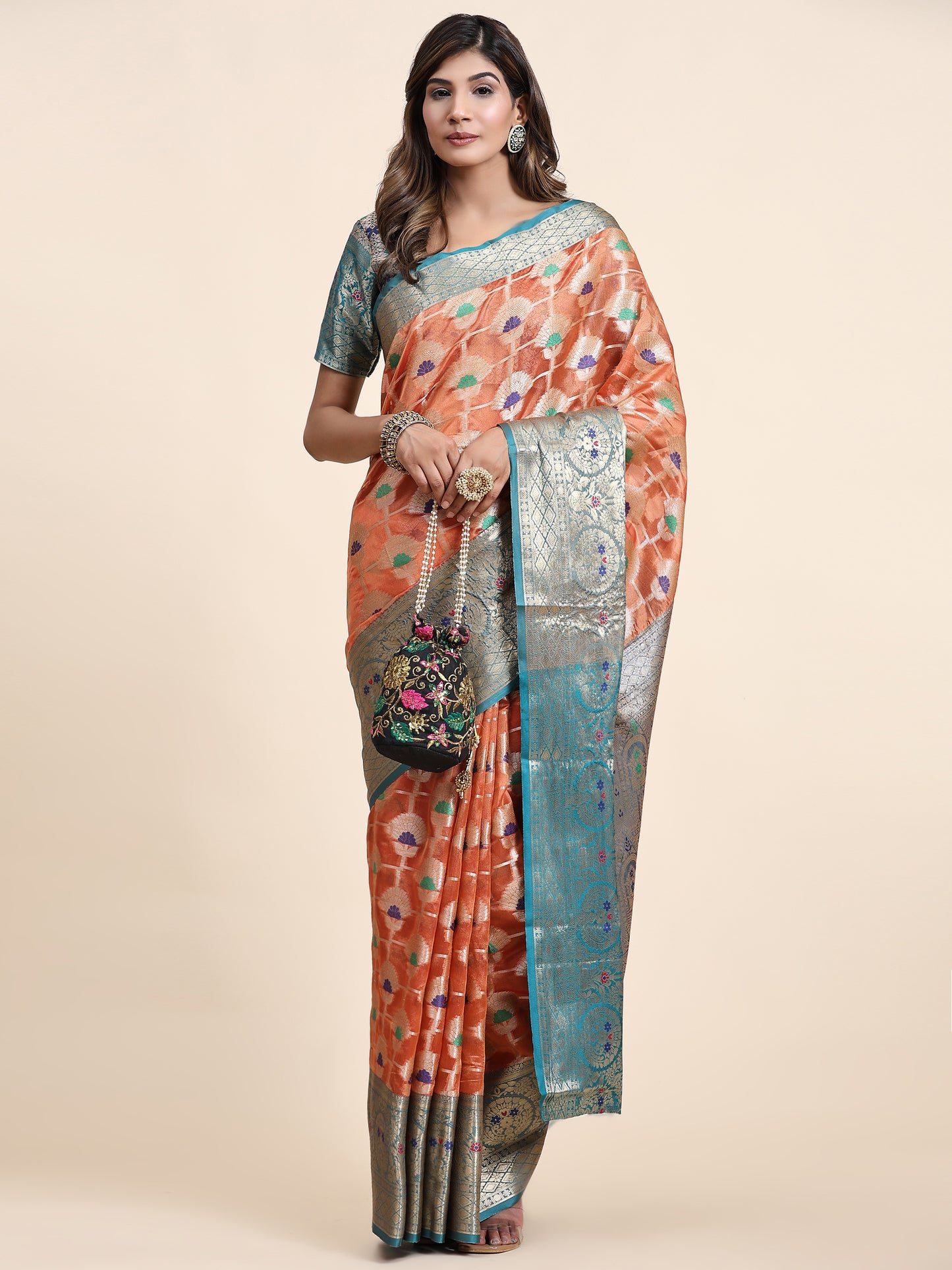 Soft Organza Silk saree with Meenakari weawing design and Rich Zari weawing Pallu with zari weawing border