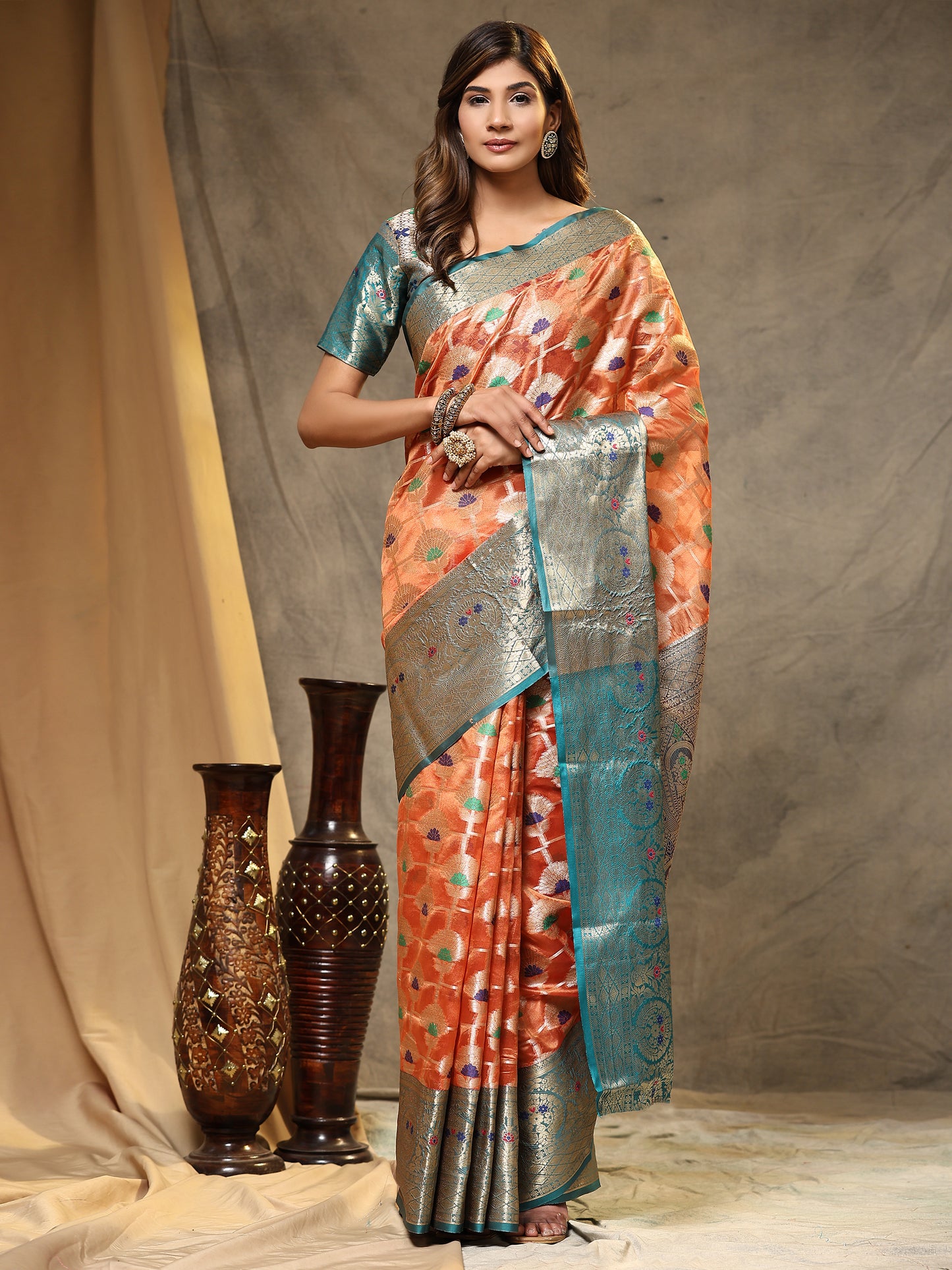 Soft Organza Silk saree with Meenakari weawing design and Rich Zari weawing Pallu with zari weawing border