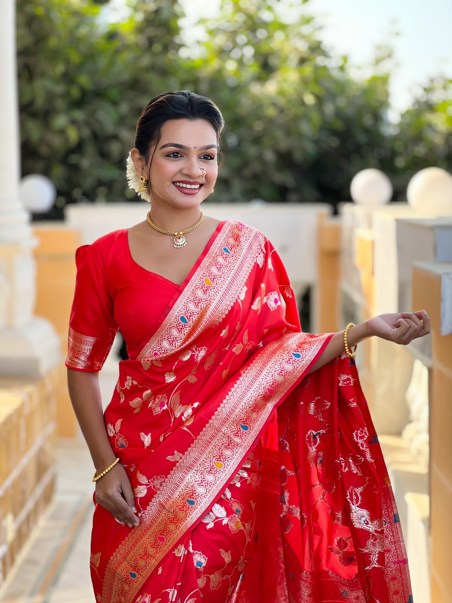 Soft Banarasi Silk Saree With Zari Weaving Minakari Touchup Design