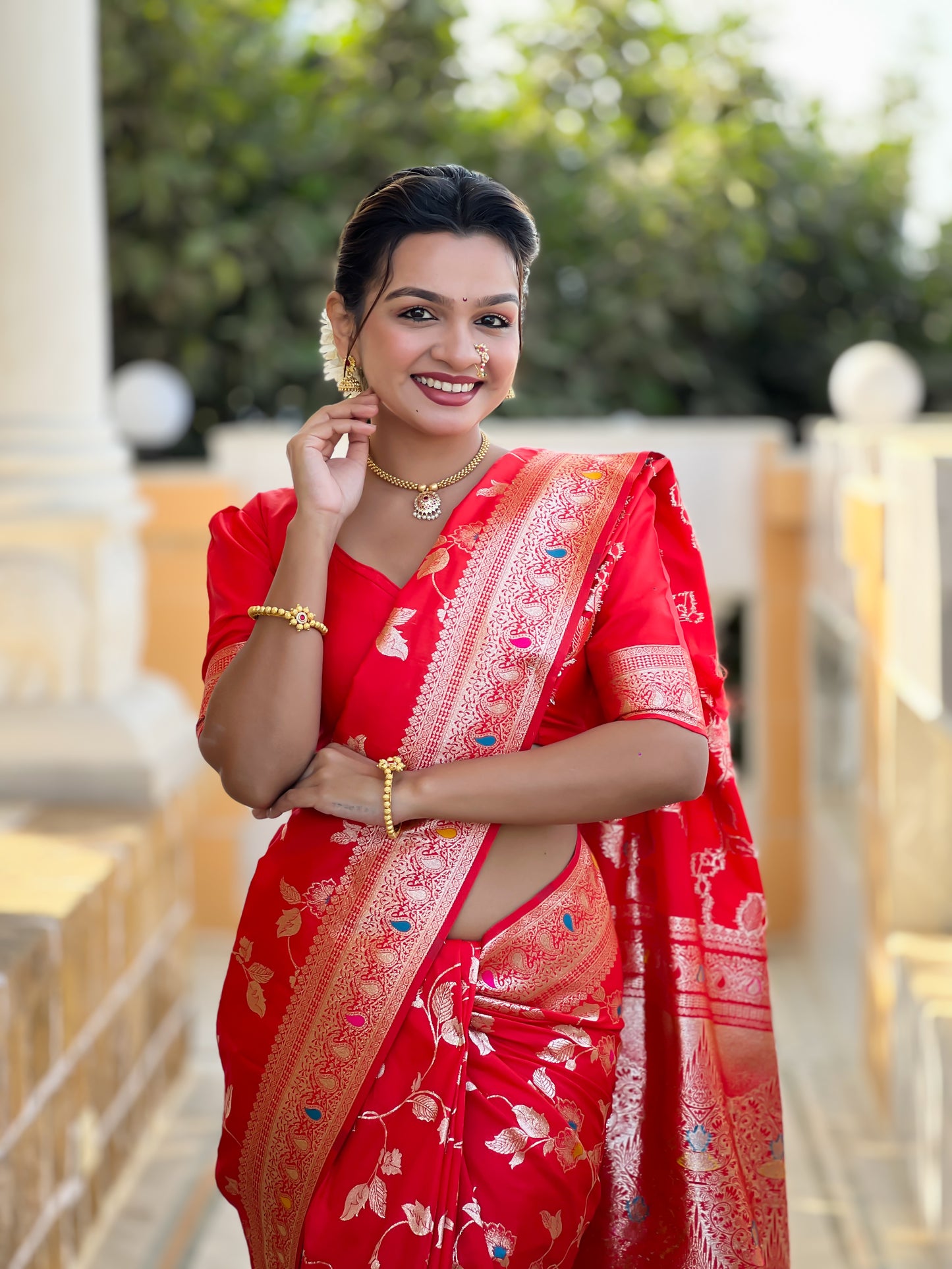 Soft Banarasi Silk Saree With Zari Weaving Minakari Touchup Design