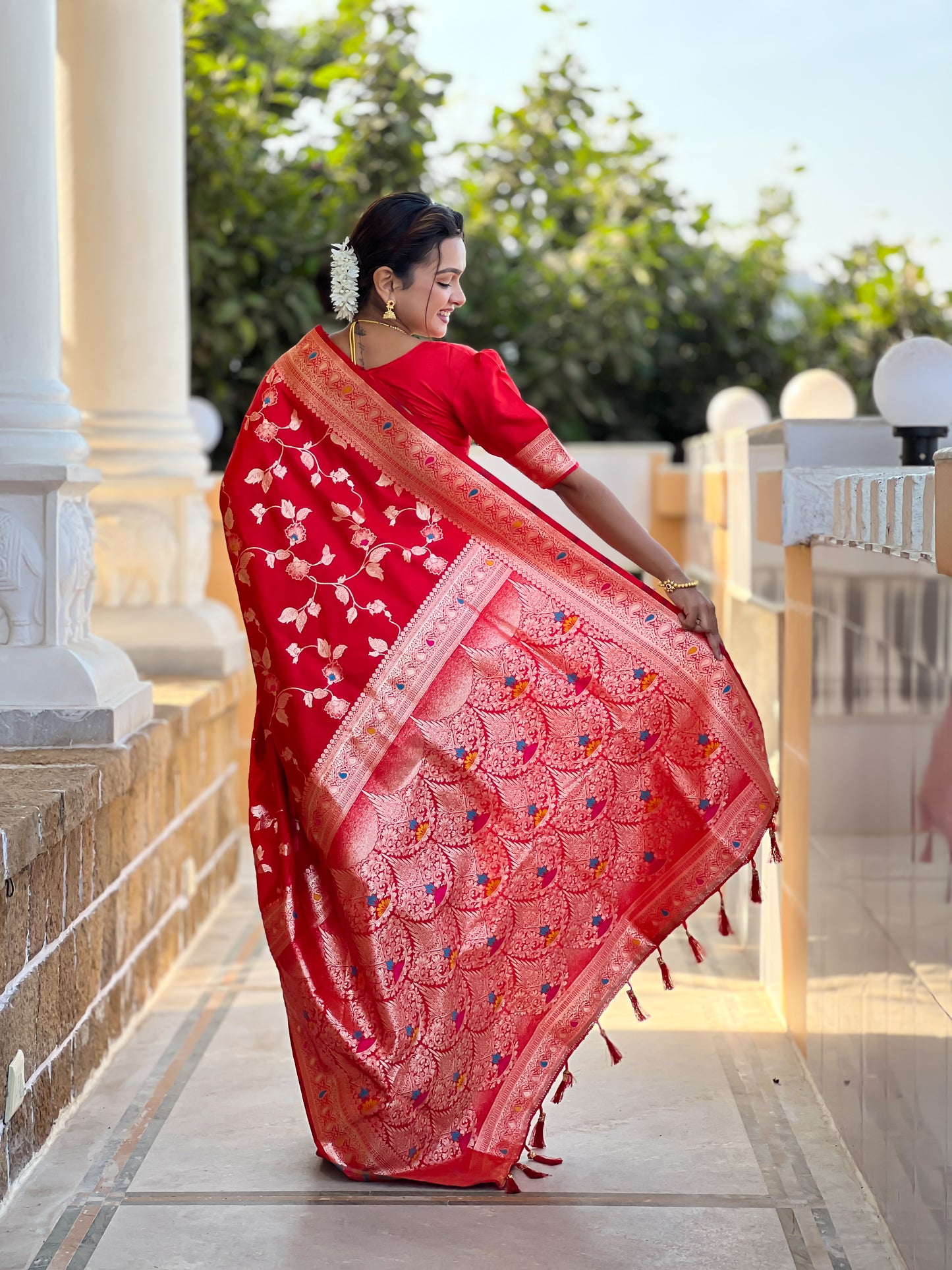 Soft Banarasi Silk Saree With Zari Weaving Minakari Touchup Design