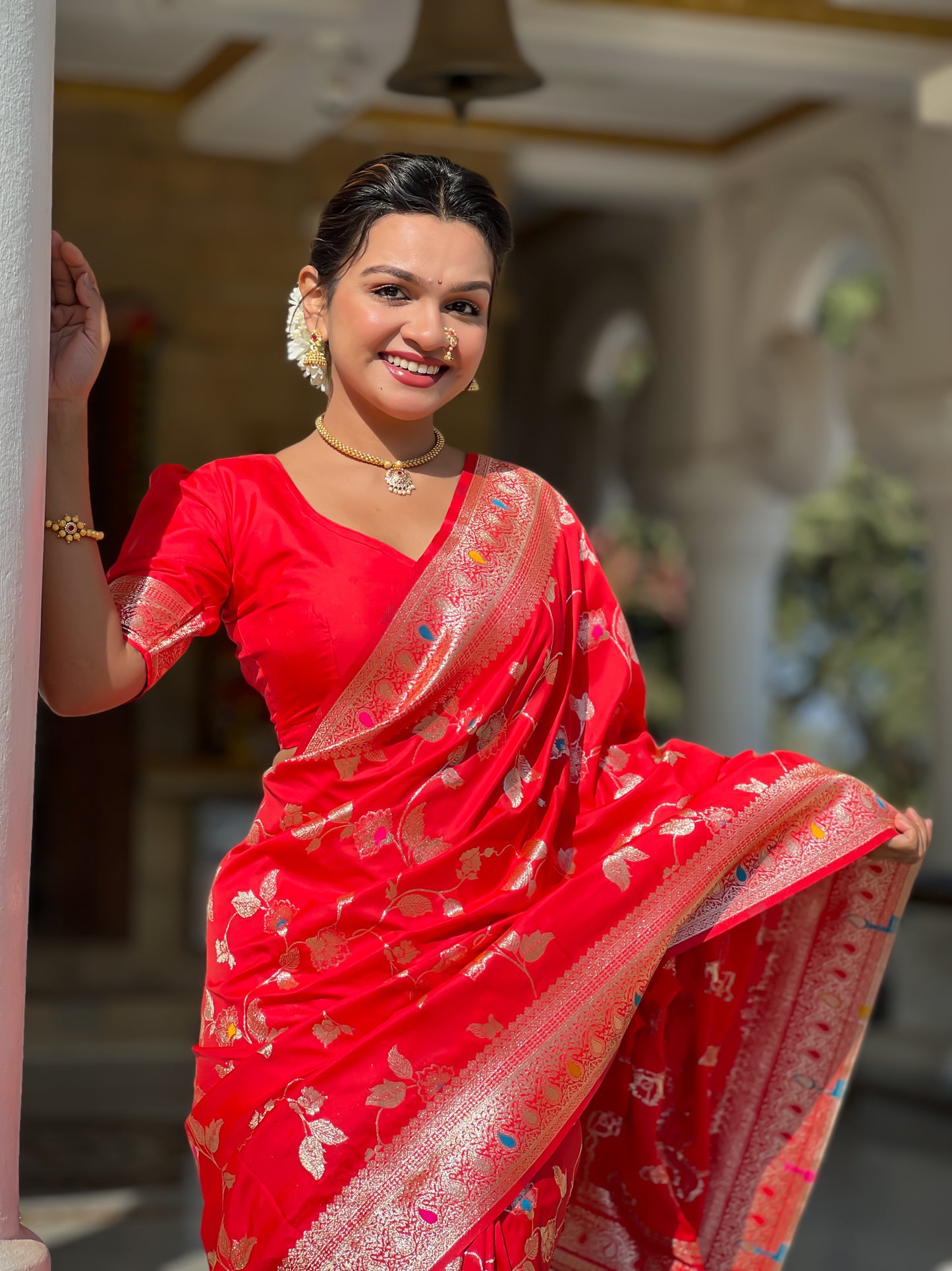 Soft Banarasi Silk Saree With Zari Weaving Minakari Touchup Design