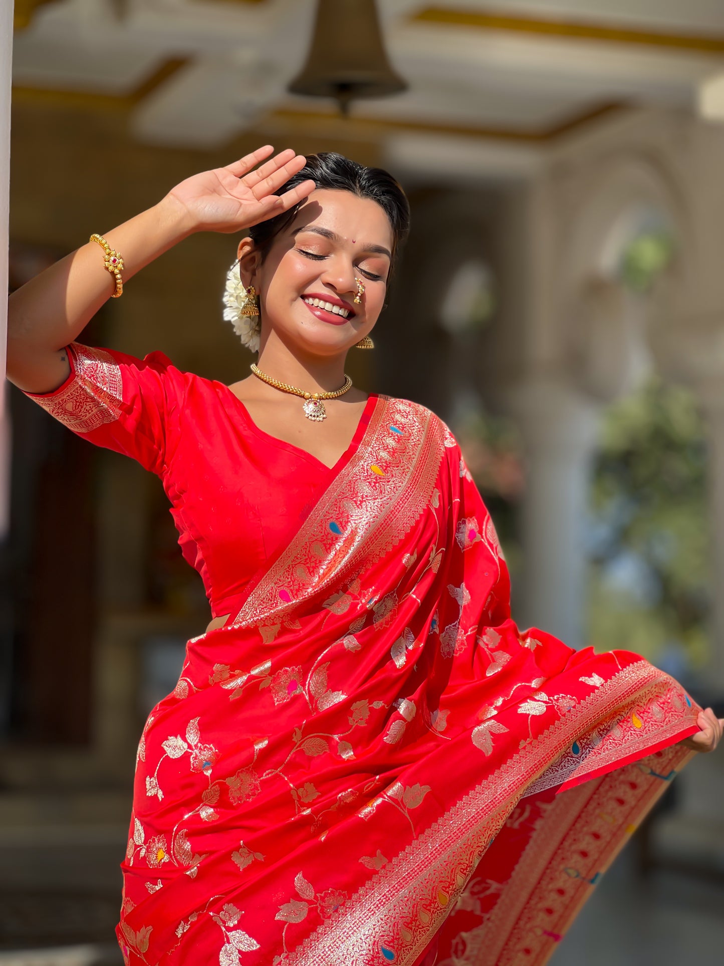 Soft Banarasi Silk Saree With Zari Weaving Minakari Touchup Design