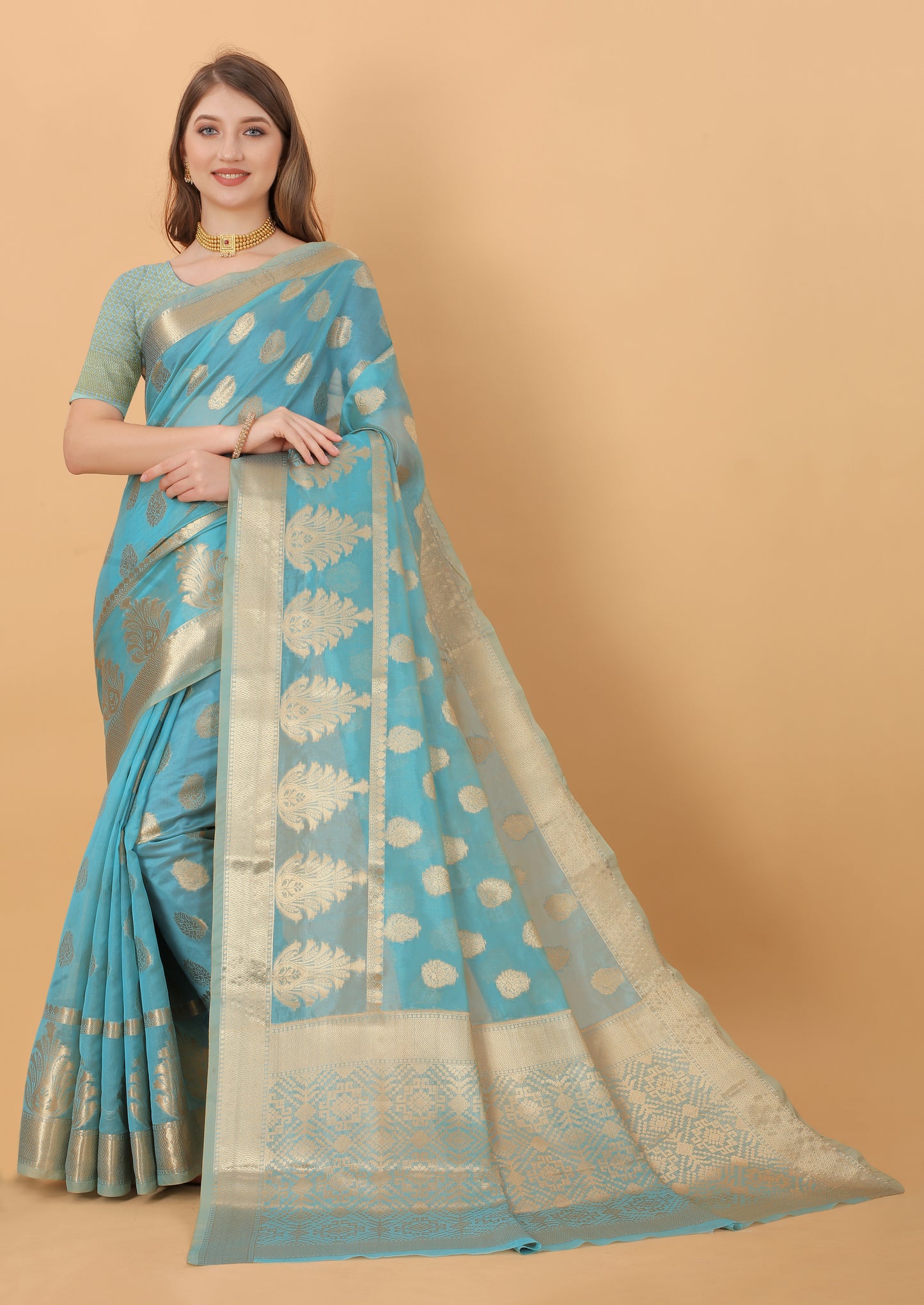 Light Blue Color Women’s Rich Golden Zari Woven Soft Organza Silk Saree with Unstitched Blouse Piece