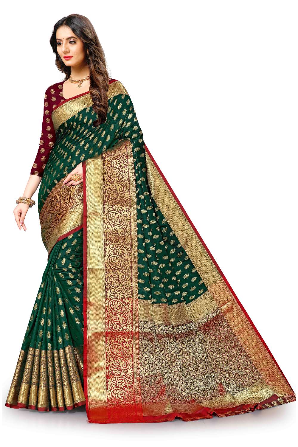 Women's Soft Lichi Silk Saree with Golden Zari Woven and Beautiful Rich Pallu Design & Jacquard Work Saree With Unstiched Blouse Piece.