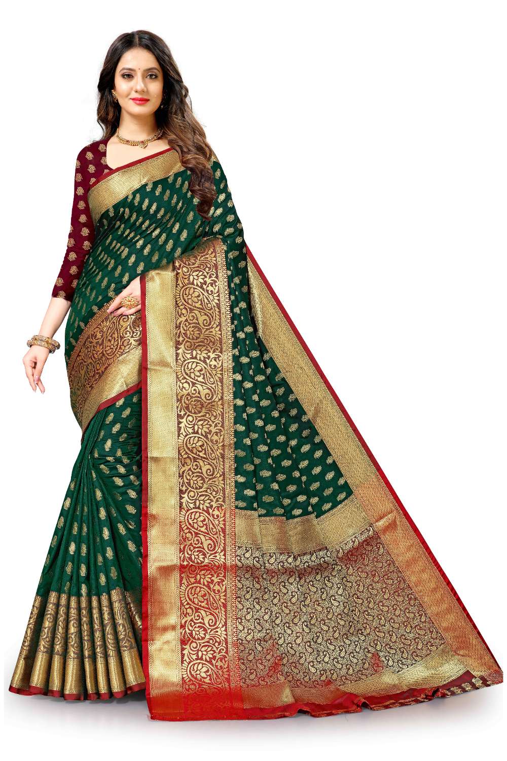 Women's Soft Lichi Silk Saree with Golden Zari Woven and Beautiful Rich Pallu Design & Jacquard Work Saree With Unstiched Blouse Piece.