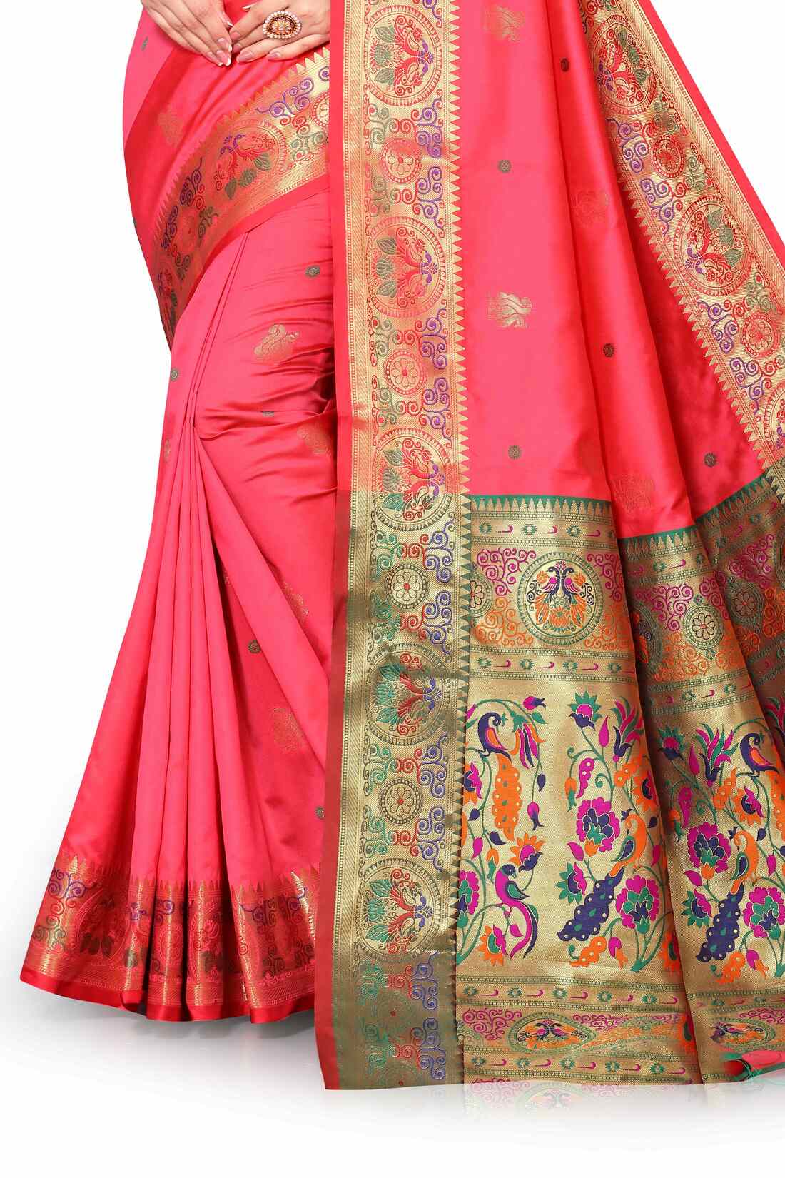 Peach Color Women's Peacock Design Soft Paithani Silk Saree With Unstitched Blouse Piece