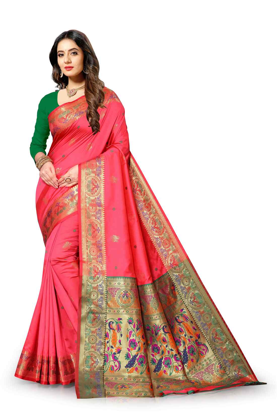 Peach Color Women's Peacock Design Soft Paithani Silk Saree With Unstitched Blouse Piece