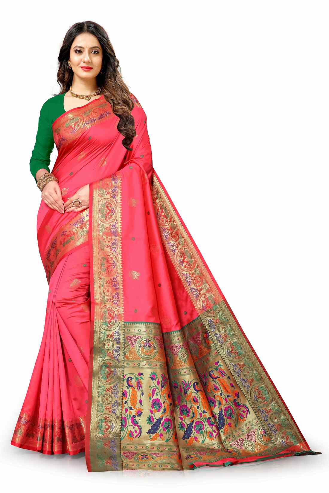 Peach Color Women's Peacock Design Soft Paithani Silk Saree With Unstitched Blouse Piece