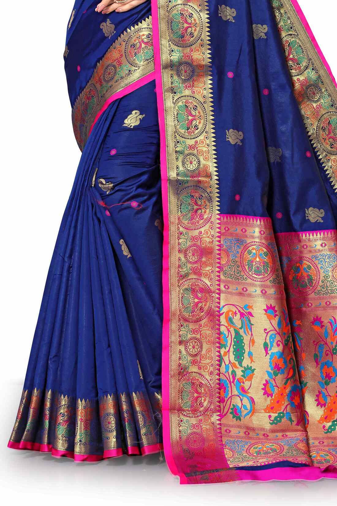 Nevy Blue Color Women's Peacock Design Soft Paithani Silk Saree With Unstitched Blouse Piece