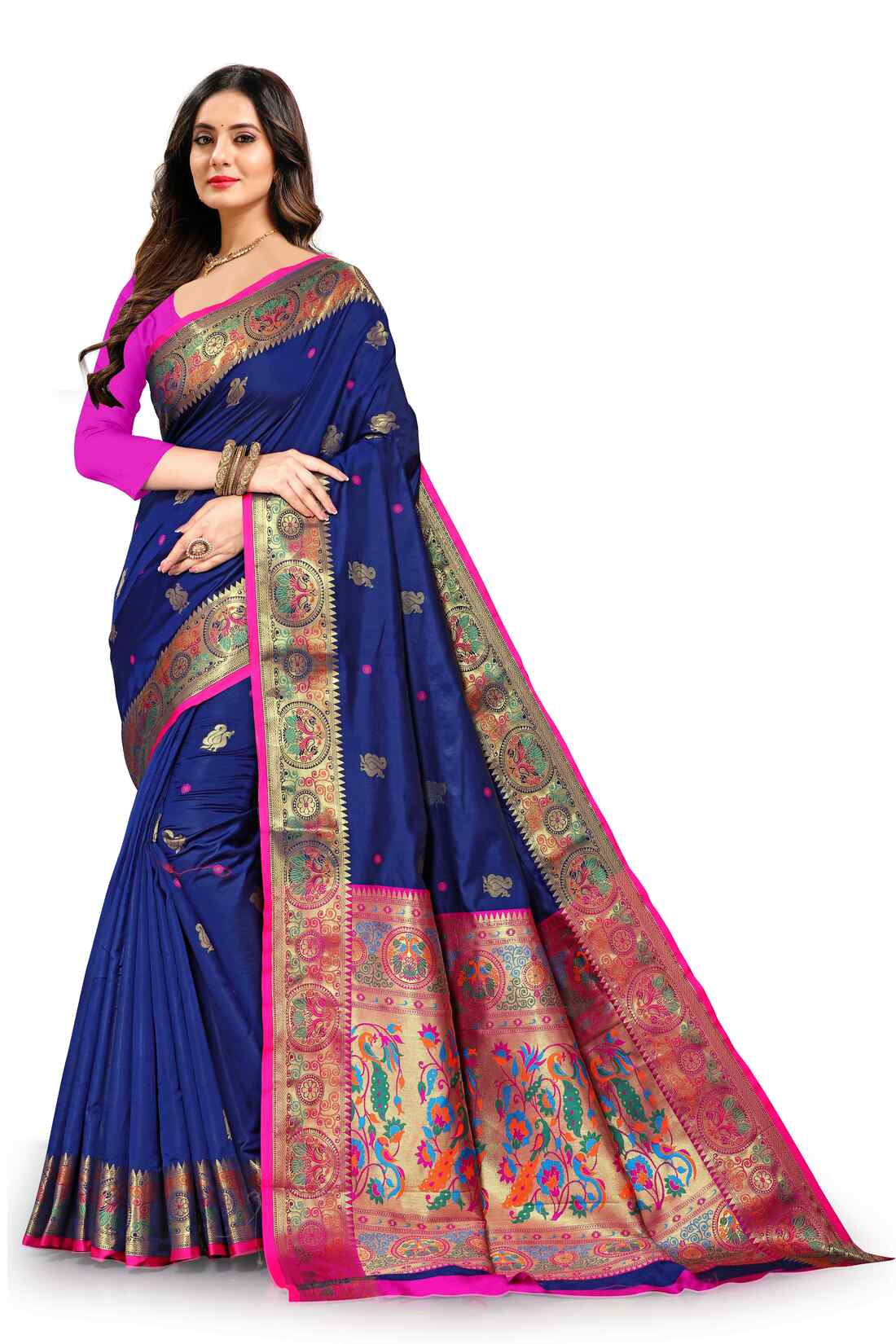 Nevy Blue Color Women's Peacock Design Soft Paithani Silk Saree With Unstitched Blouse Piece