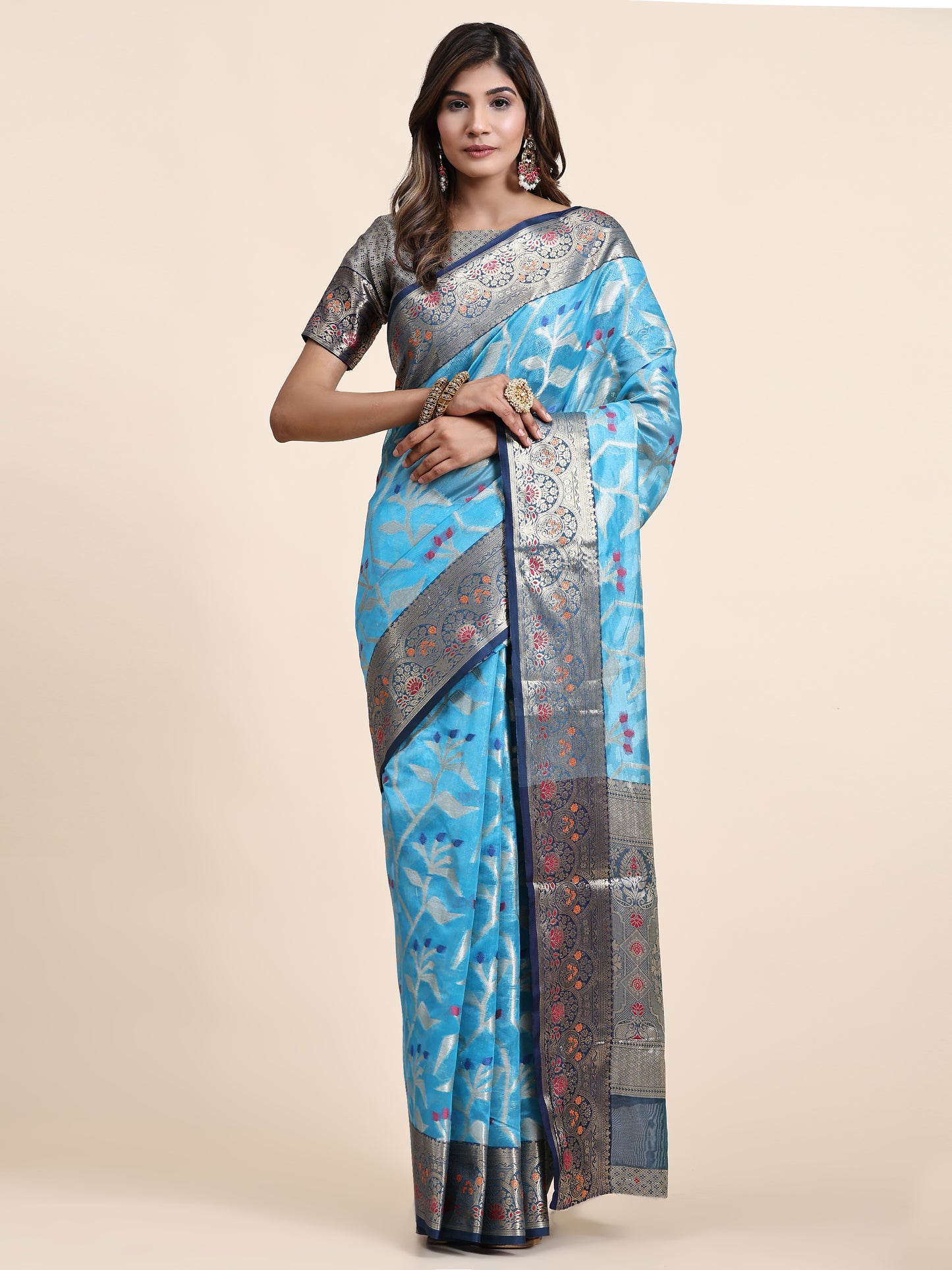 Soft Organza Silk saree with Meenakari weawing design and Rich Zari weawing Pallu with zari weawing border
