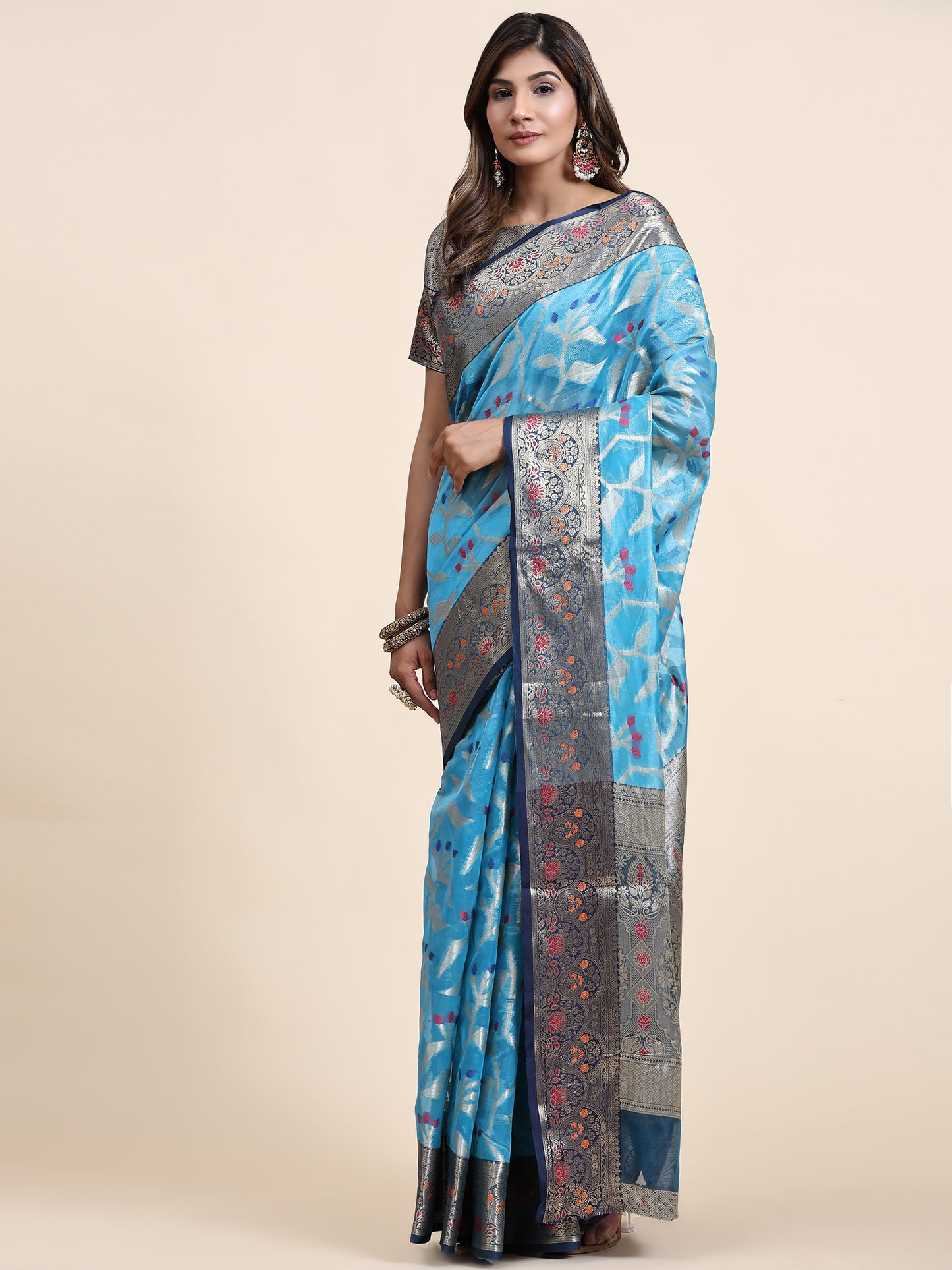 Soft Organza Silk saree with Meenakari weawing design and Rich Zari weawing Pallu with zari weawing border