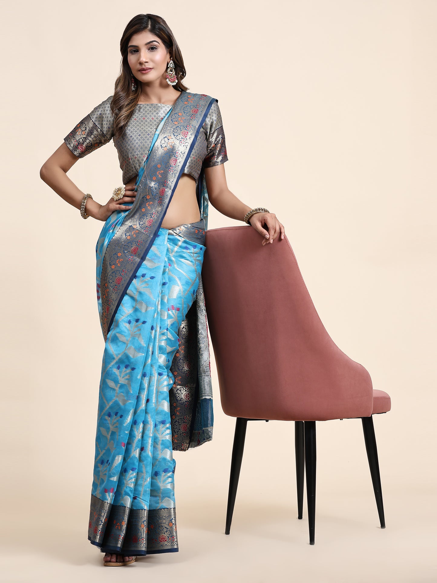 Soft Organza Silk saree with Meenakari weawing design and Rich Zari weawing Pallu with zari weawing border