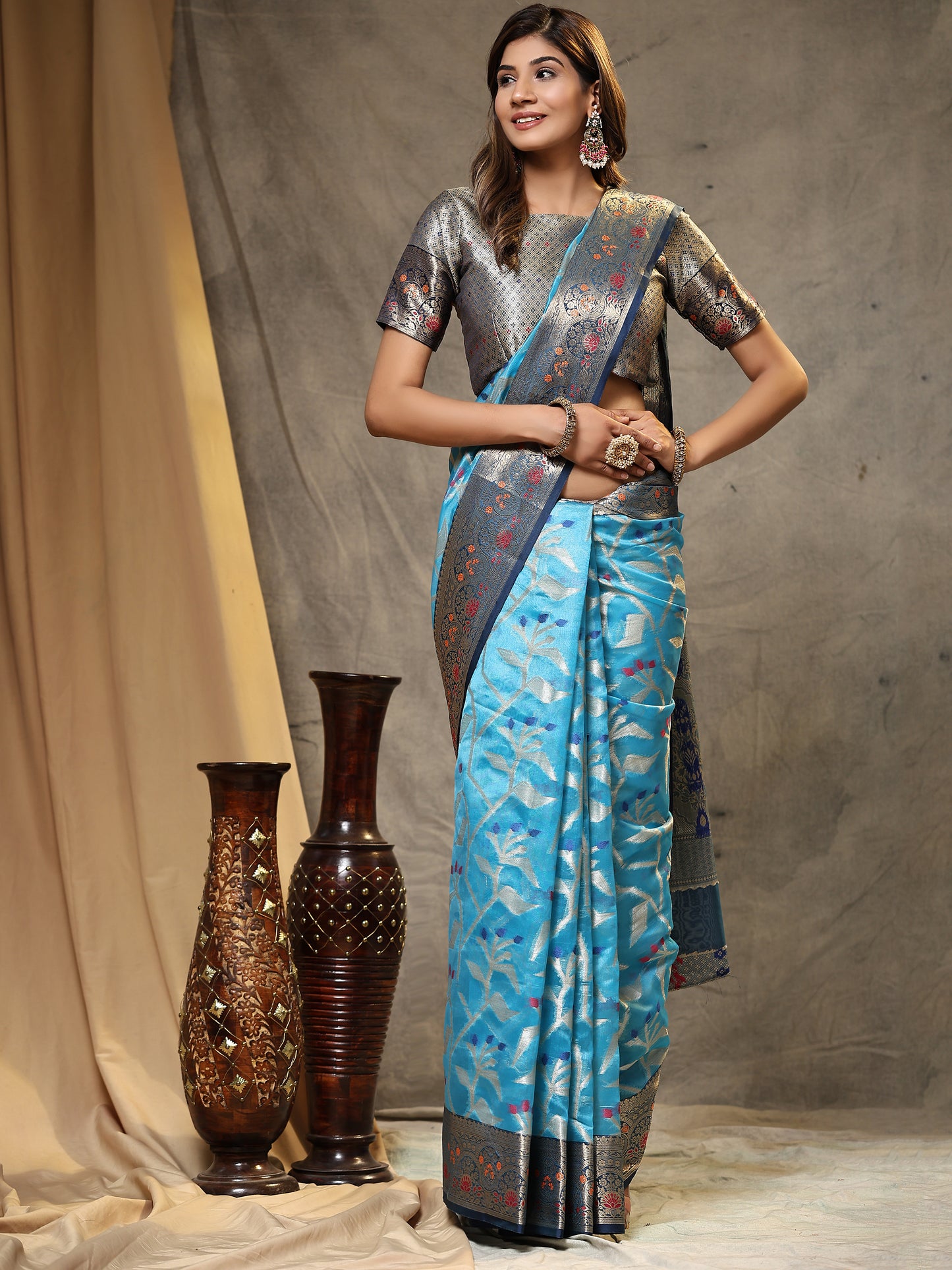 Soft Organza Silk saree with Meenakari weawing design and Rich Zari weawing Pallu with zari weawing border