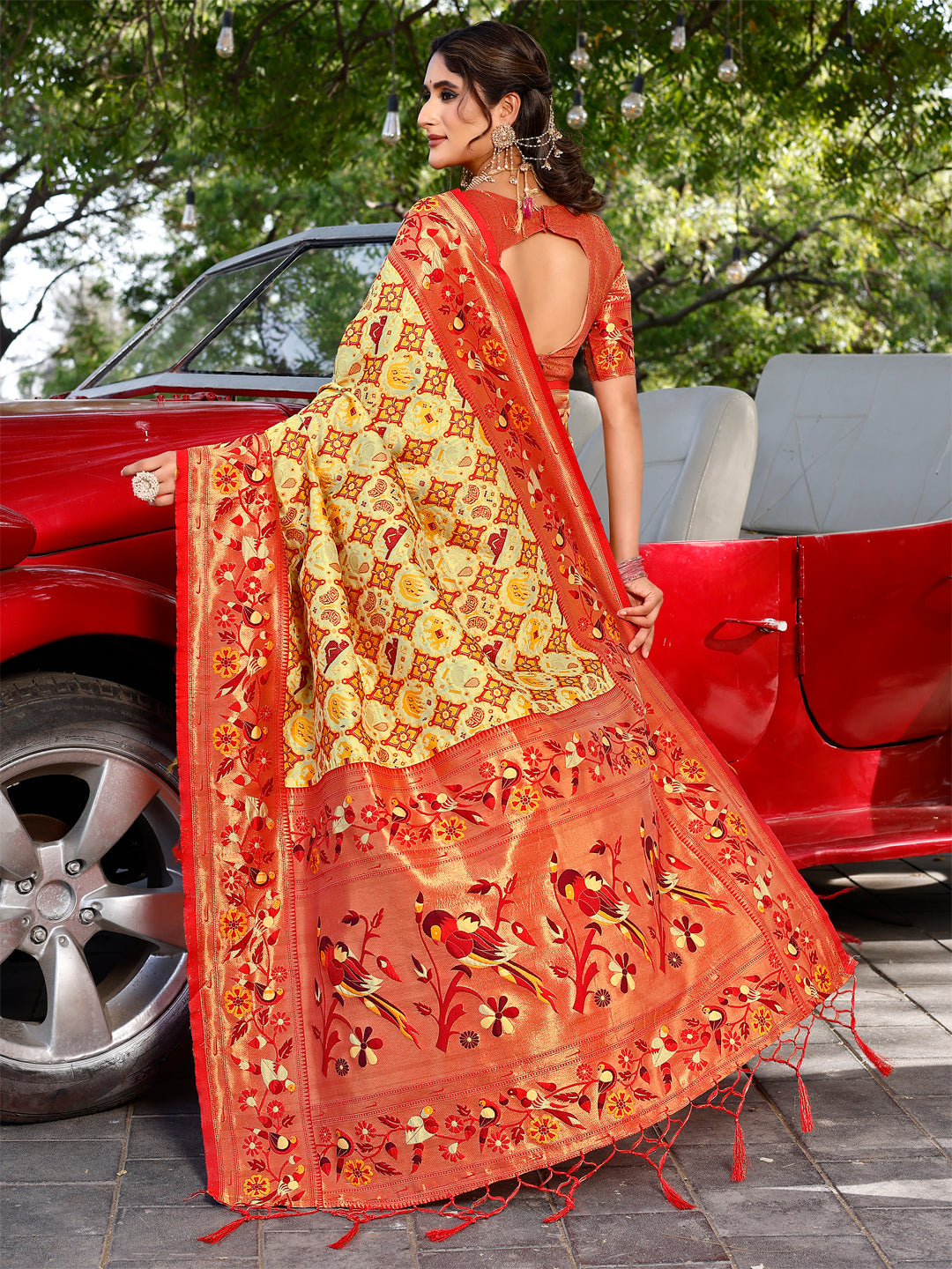 TUSHIKA - 4 Yellow Cream Red TOP DYED Premium Cotton Silk with a spun base yarn