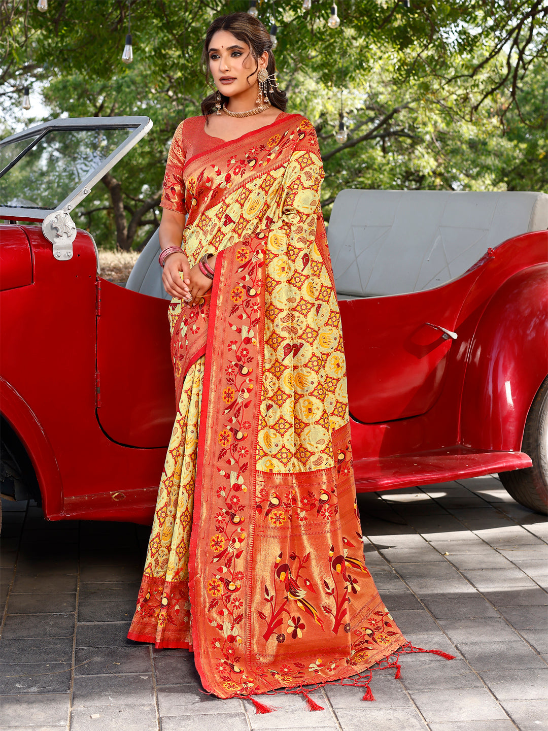 TUSHIKA - 4 Yellow Cream Red TOP DYED Premium Cotton Silk with a spun base yarn