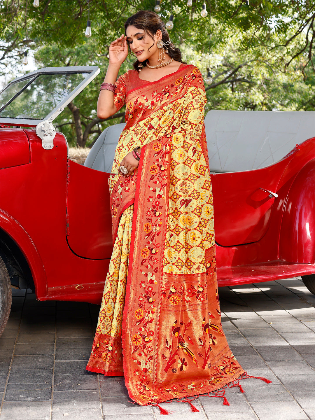 TUSHIKA - 4 Yellow Cream Red TOP DYED Premium Cotton Silk with a spun base yarn