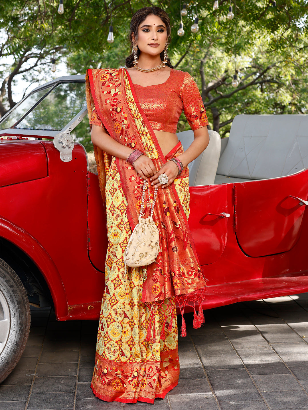 TUSHIKA - 4 Yellow Cream Red TOP DYED Premium Cotton Silk with a spun base yarn