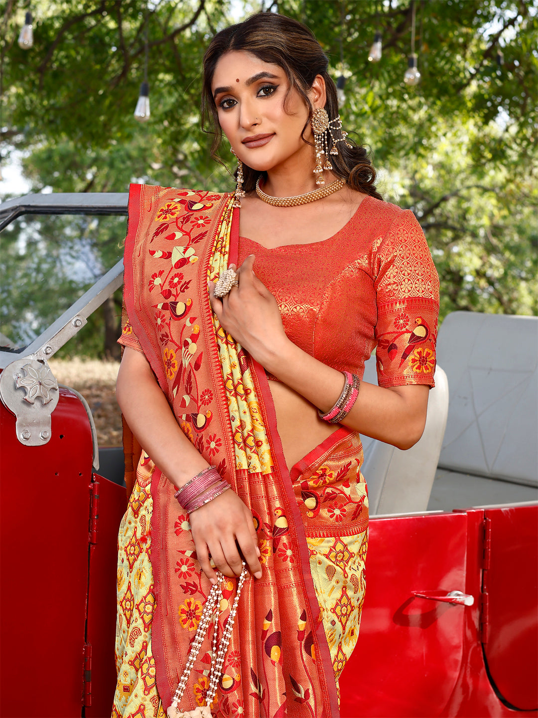 TUSHIKA - 4 Yellow Cream Red TOP DYED Premium Cotton Silk with a spun base yarn
