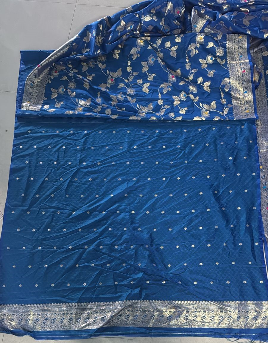 Royal Blue Banarasi Silk Blend Saree with Silver Zari Floral Jaal Weaving & Rich Woven Pallu