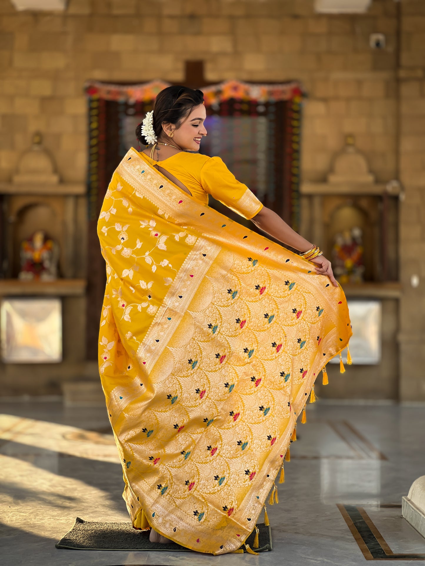 Yellow Color Soft Banarasi Silk Saree With Minakari Zari, Rich Pallu With Tassels