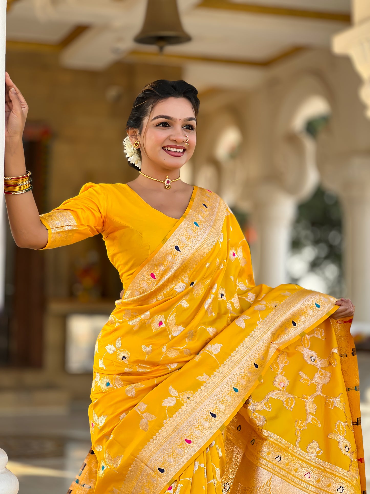 Yellow Color Soft Banarasi Silk Saree With Minakari Zari, Rich Pallu With Tassels
