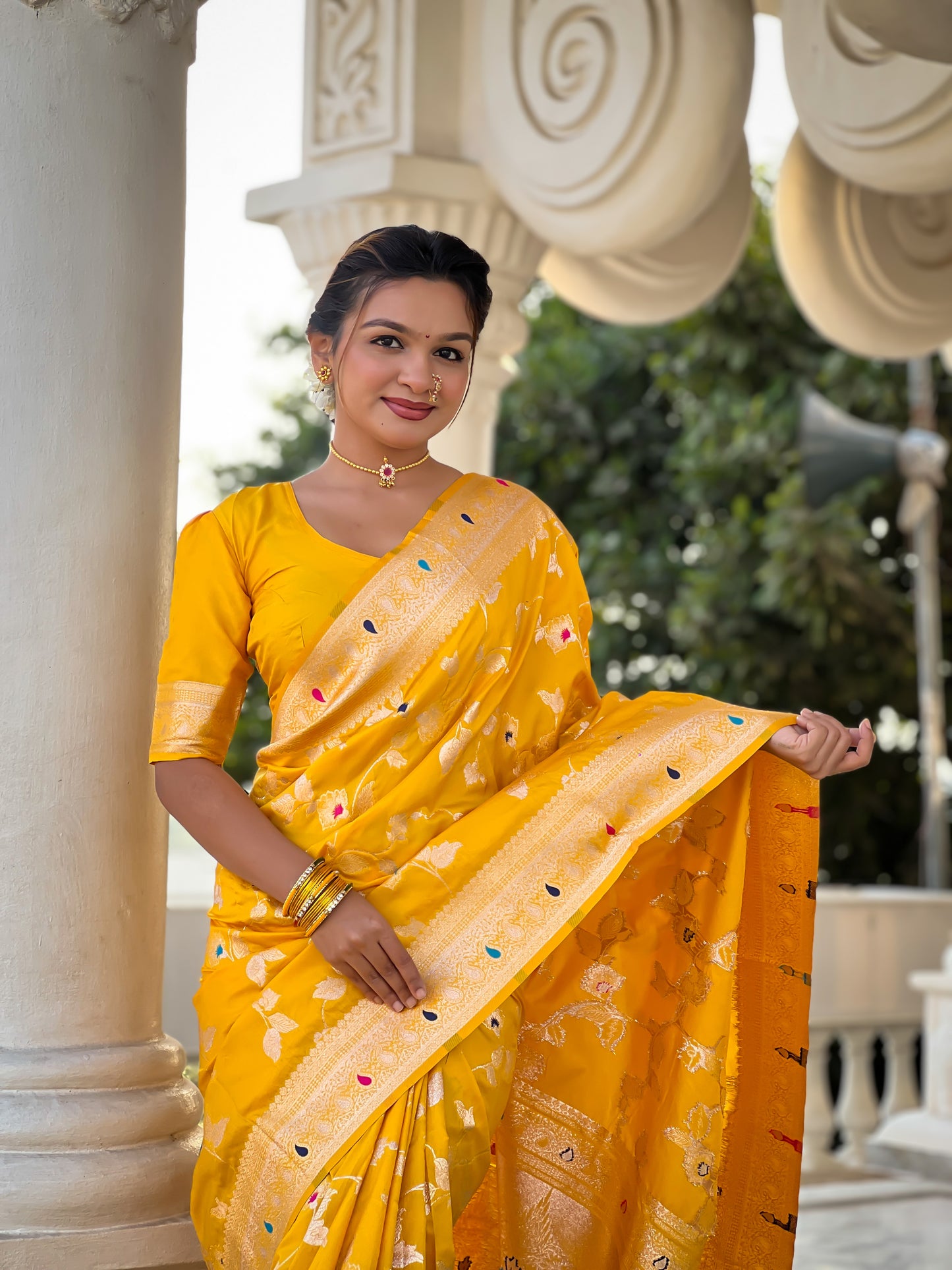 Yellow Color Soft Banarasi Silk Saree With Minakari Zari, Rich Pallu With Tassels