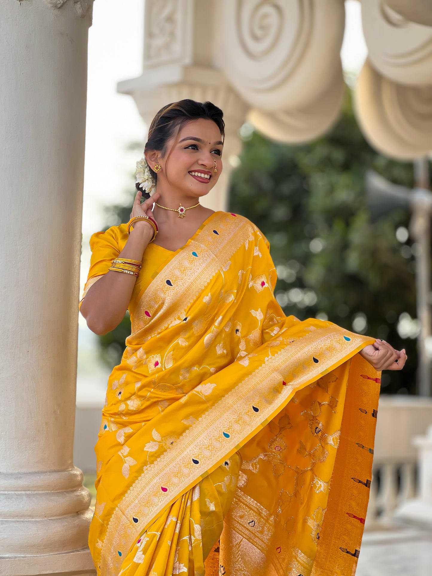 Yellow Color Soft Banarasi Silk Saree With Minakari Zari, Rich Pallu With Tassels