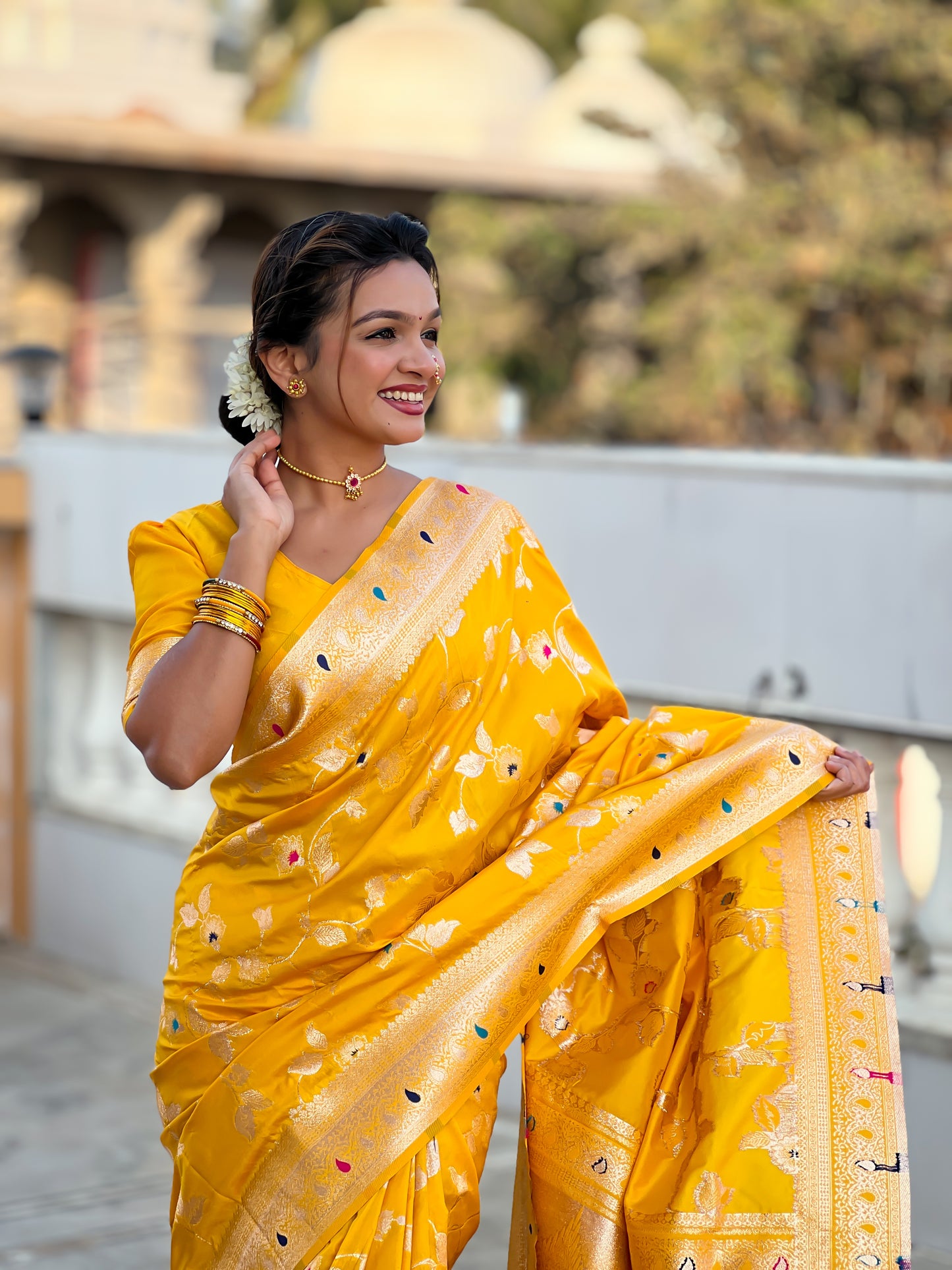 Yellow Color Soft Banarasi Silk Saree With Minakari Zari, Rich Pallu With Tassels